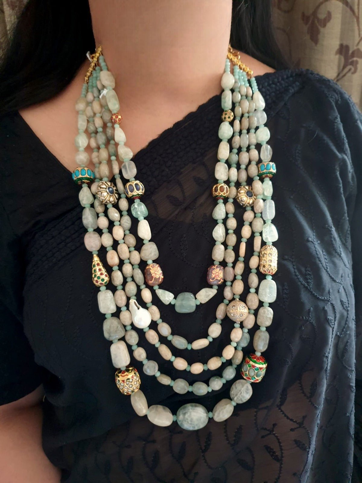 Green Long Necklace Set With Anitique Stone Beads