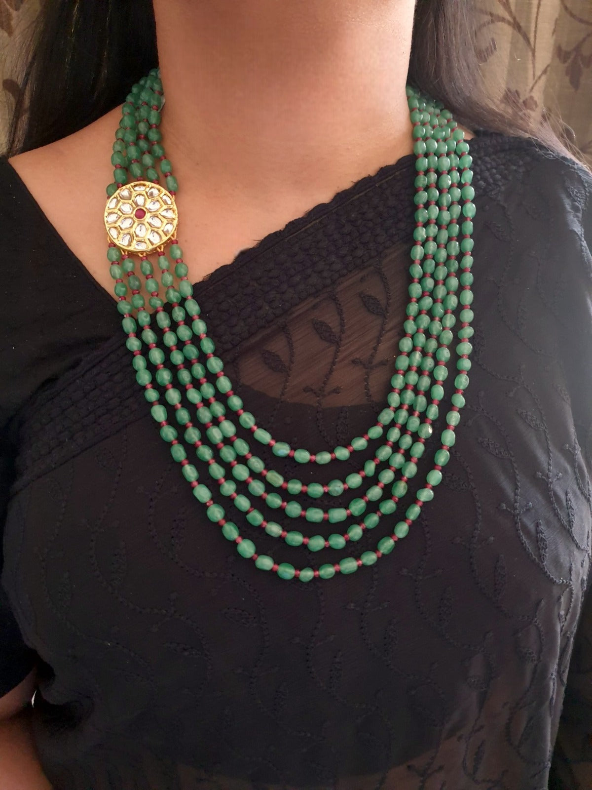 Kundan Brooch Green Beaded Long Necklace