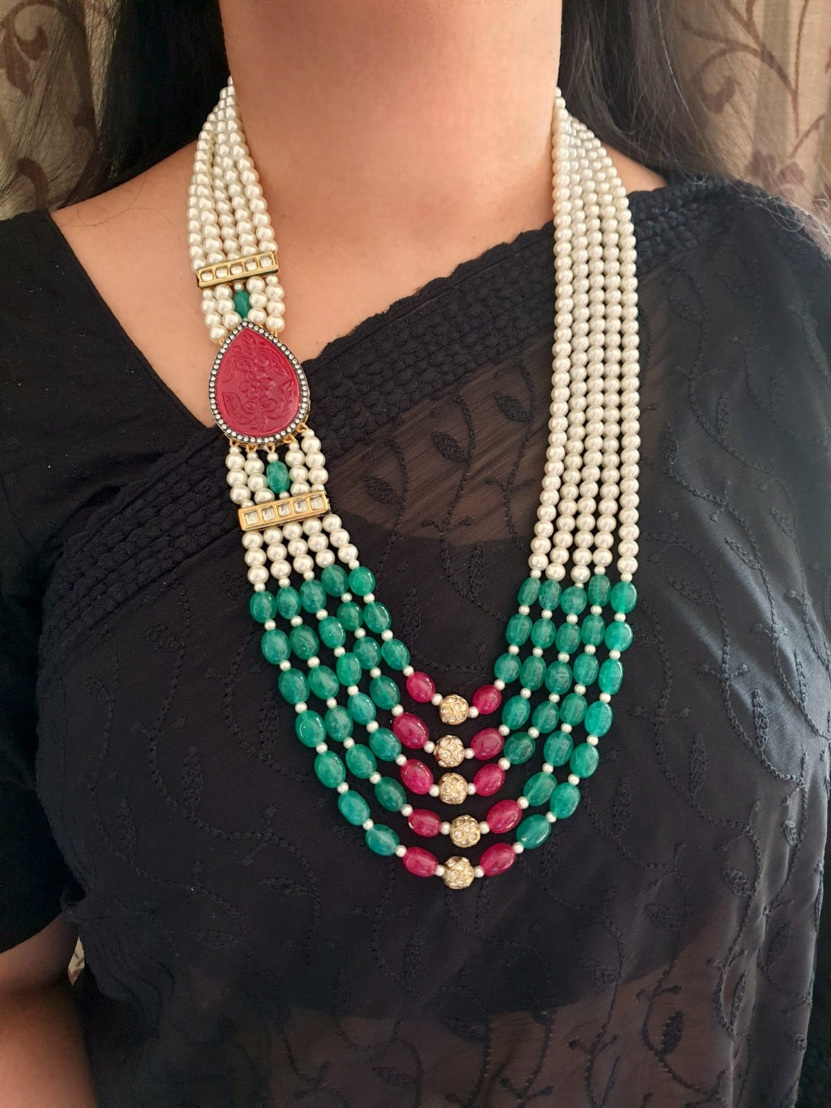 Multi Carving Stone Beaded Long Pearl Necklace