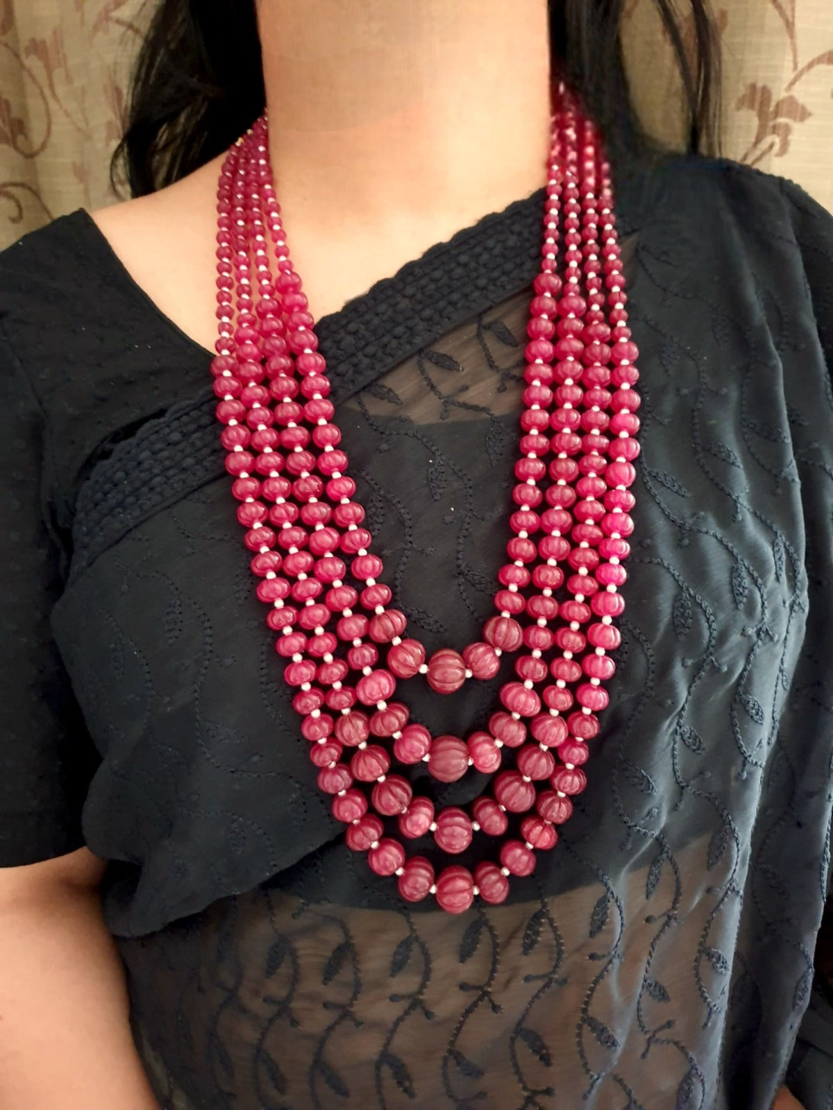 Ruby Pumpkin Engraved Bead Layered Necklace