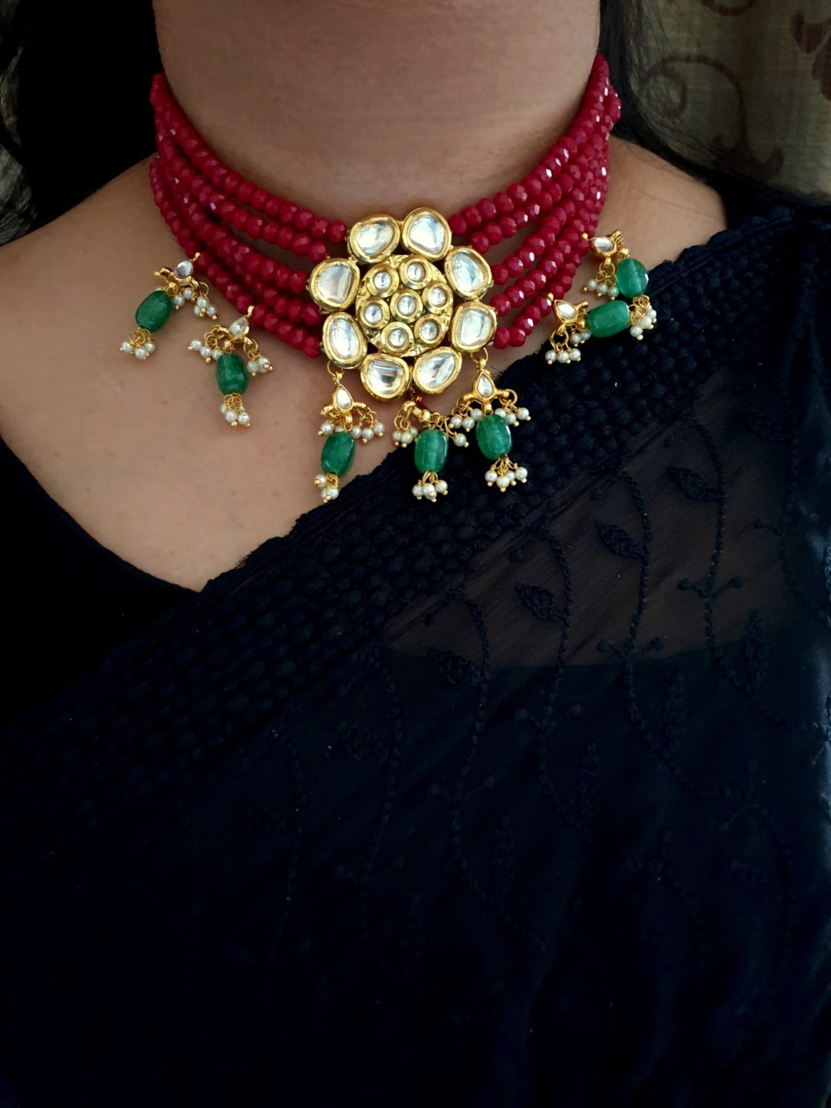 Floral Ruby Stone Kundan Jadau Choker Set With Earrings