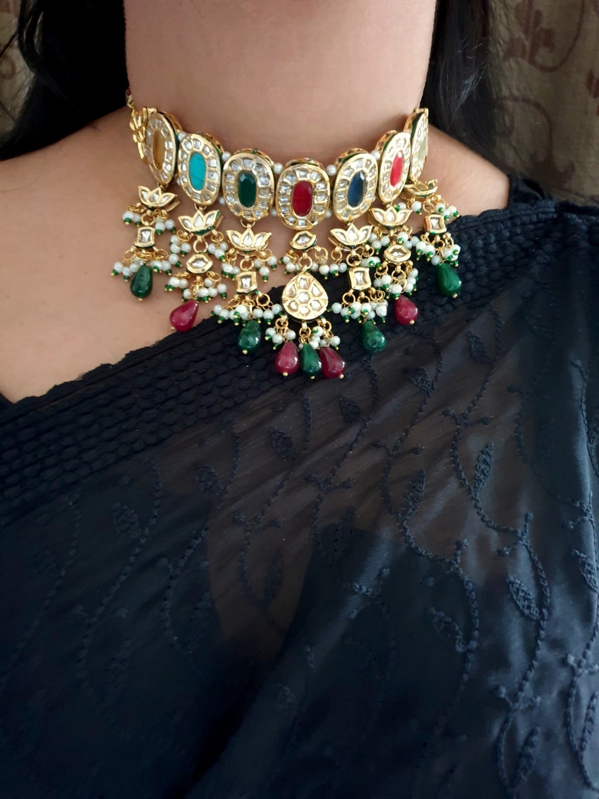 Navratan Kundan Jadau Choker Necklace Set With Earrings