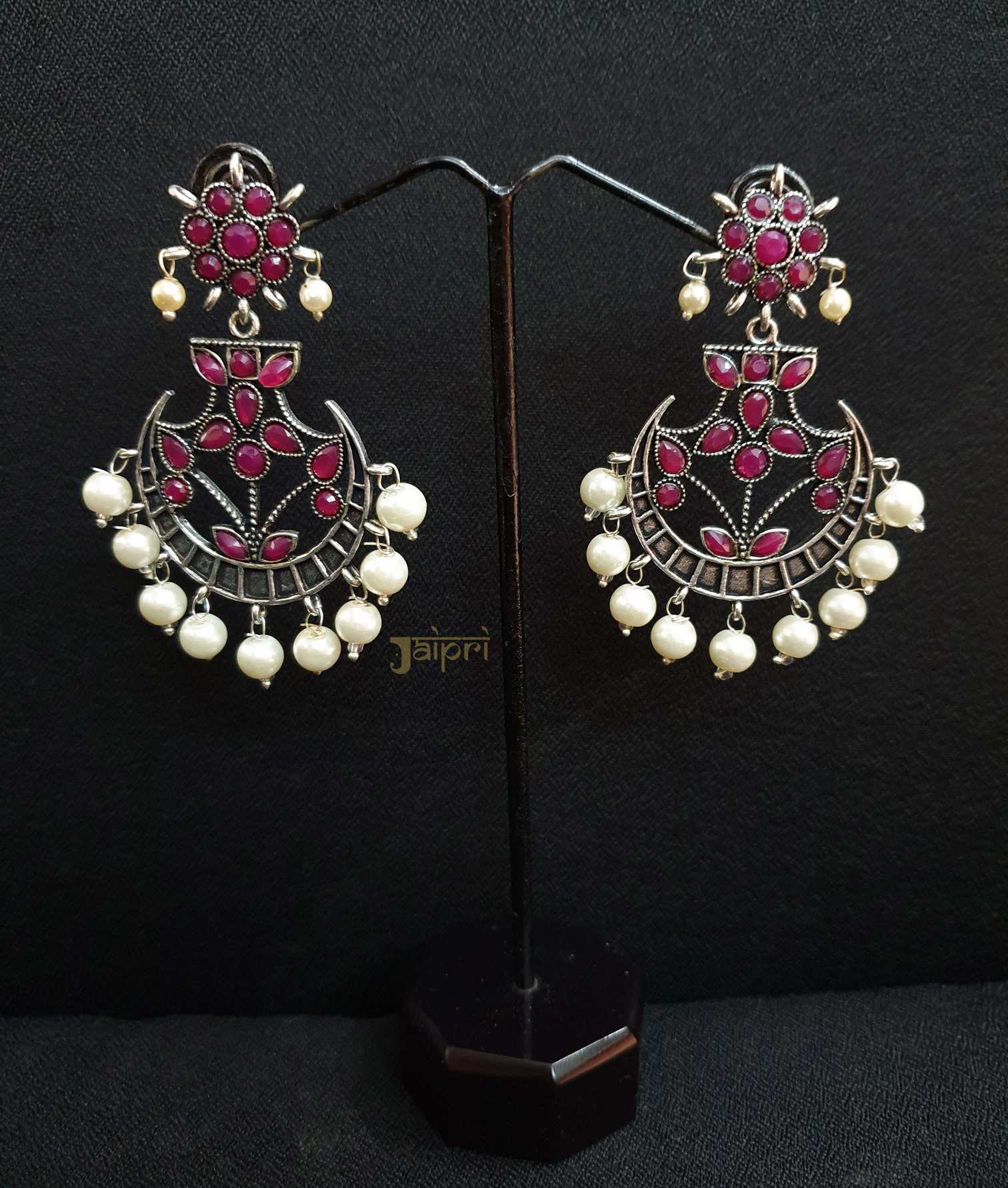 Ruby & Pearl Stone Chand-Bali Oxidized Earrings