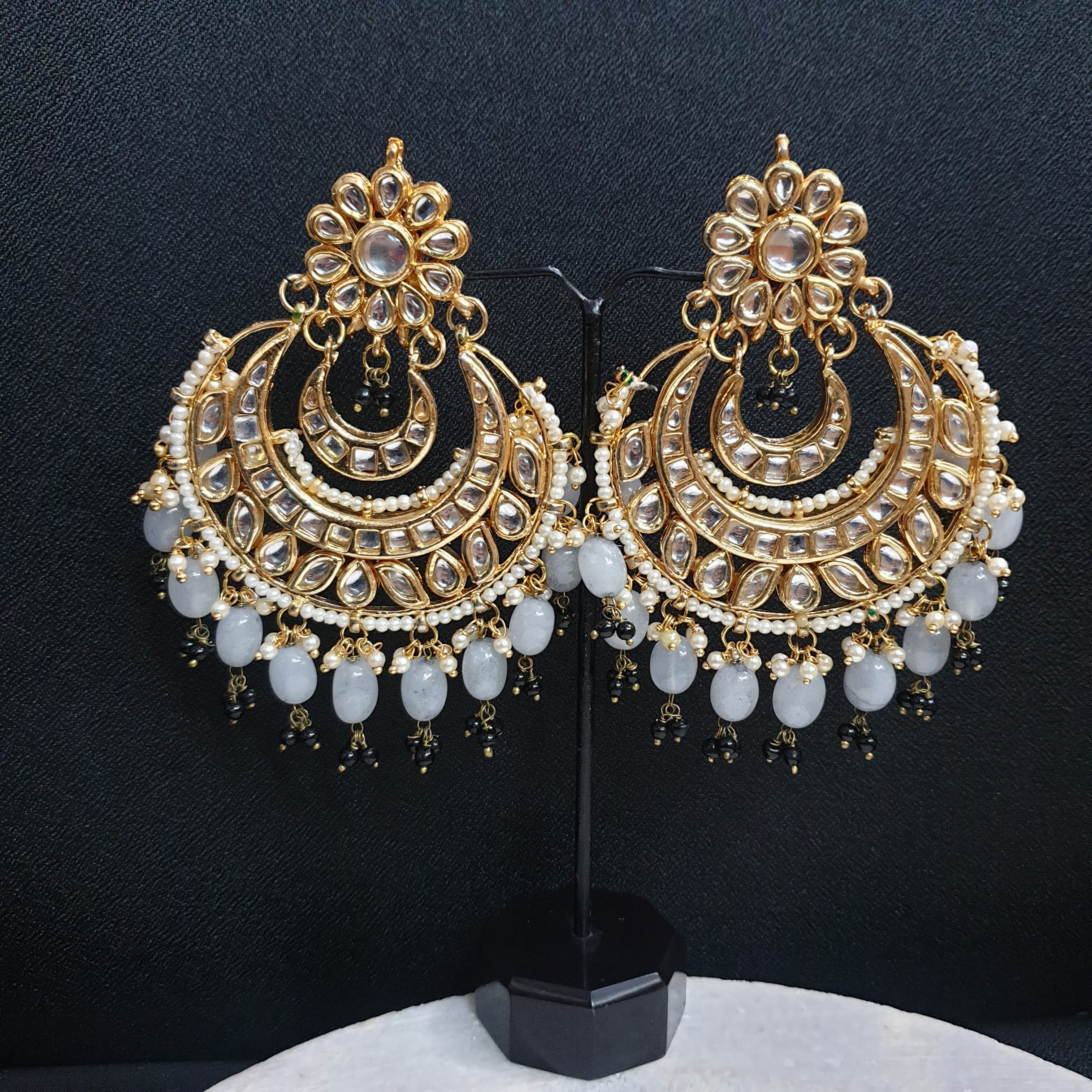 Grey Beading Kundan Chandbali Earrings – Jaipri