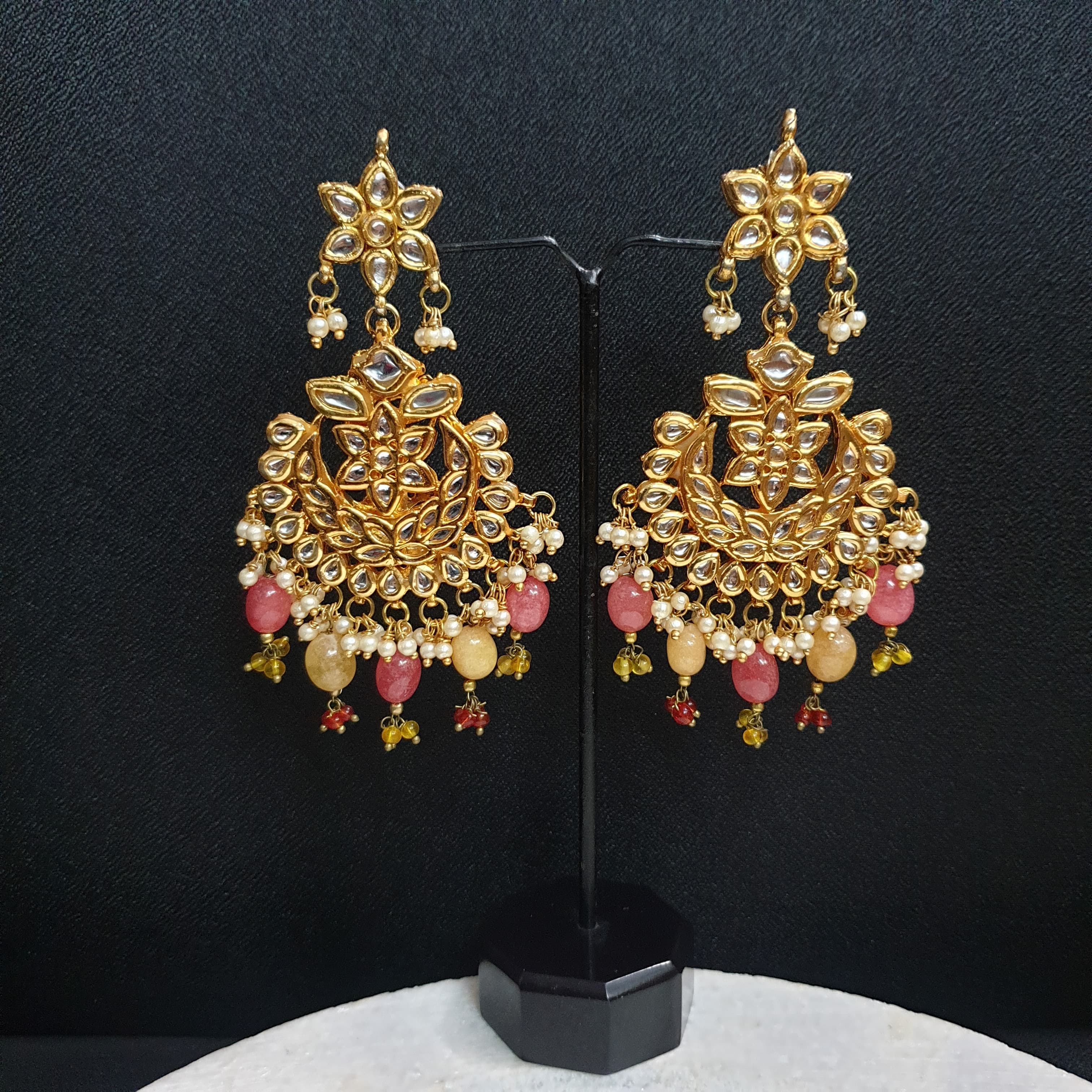 Yellow Peach Kundan Chandbali Earrings