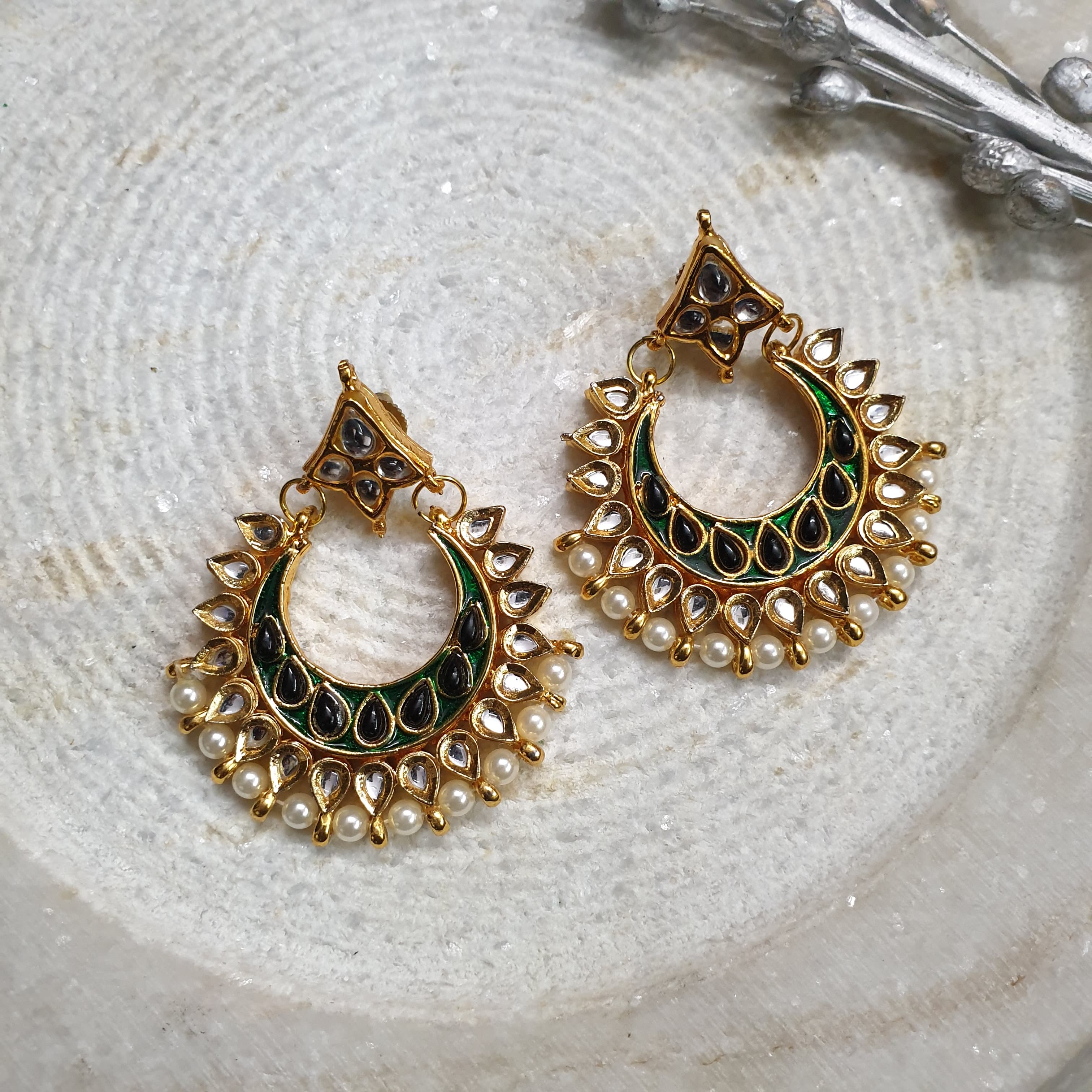 Gold Tone Black Stone Chandbali Earrings