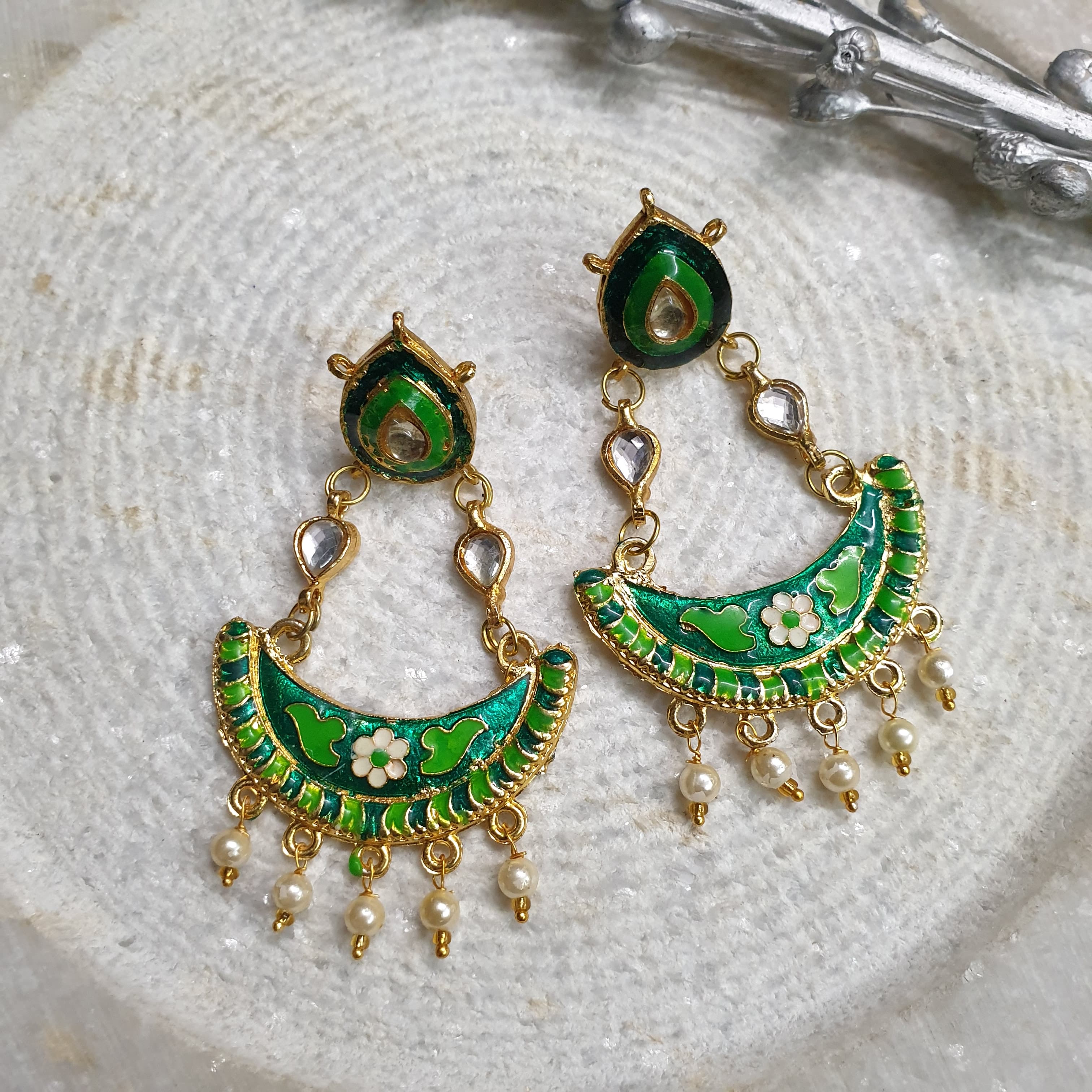 Light Weight Parrot Green Meenakari Earrings