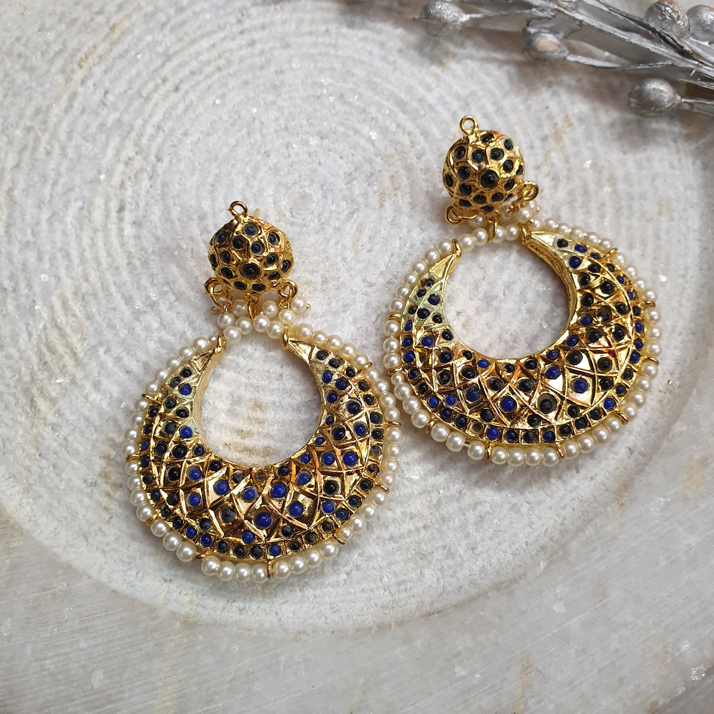 Blue Jadau Chandbali Earrings