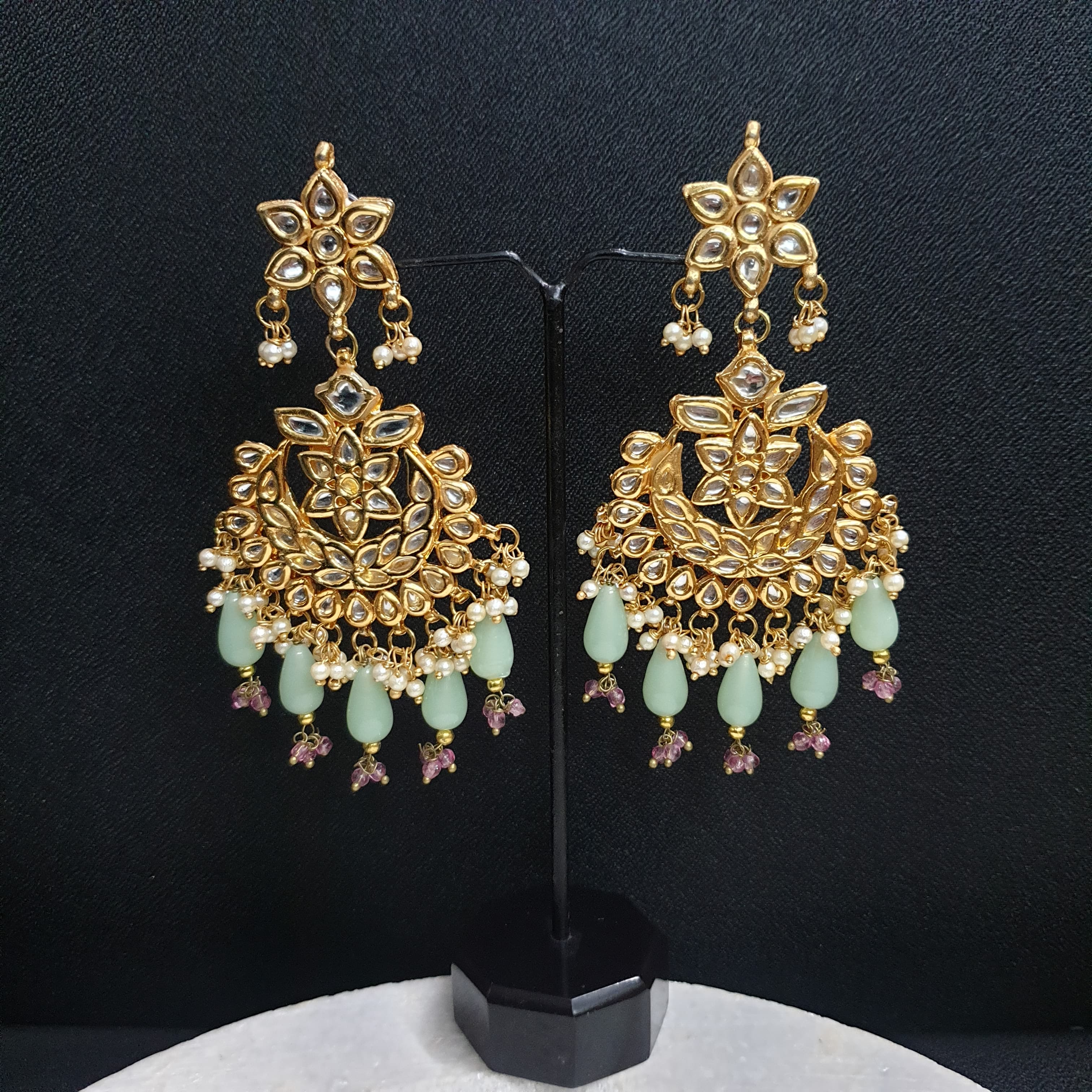 Green Beading Kundan Chandbali Earrings