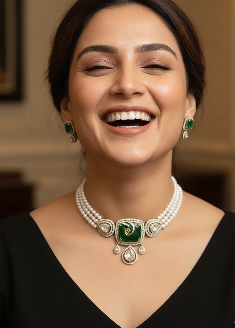 Emerald Stone Kundan Choker Necklace Set