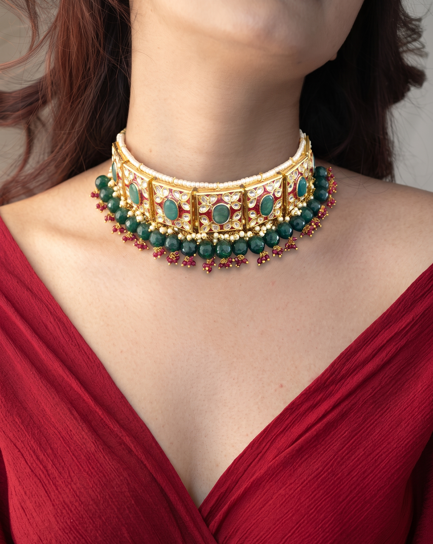 Lille Green Stone Kundan Choker Necklace