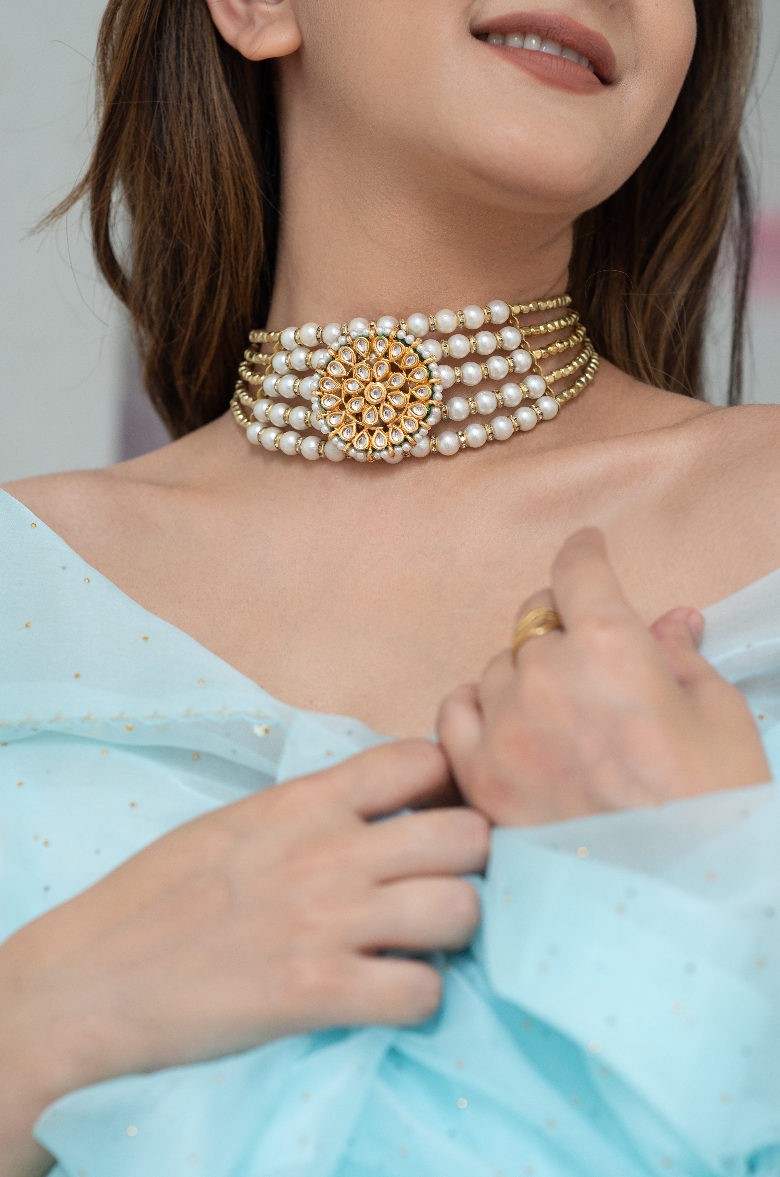 Kundan Polki Motif Pearl Choker Freesize Necklace