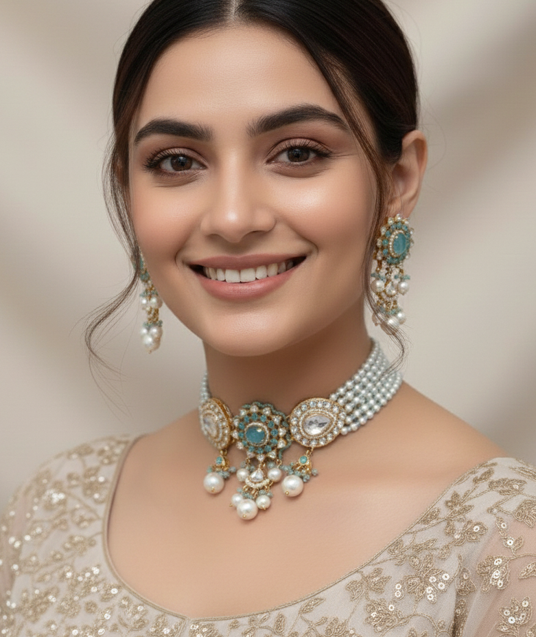 Floral Design Pearl and Aqua Stone Necklace With Earrings