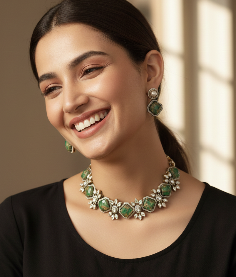 Green Doublet Stone Kundan Choker Necklace