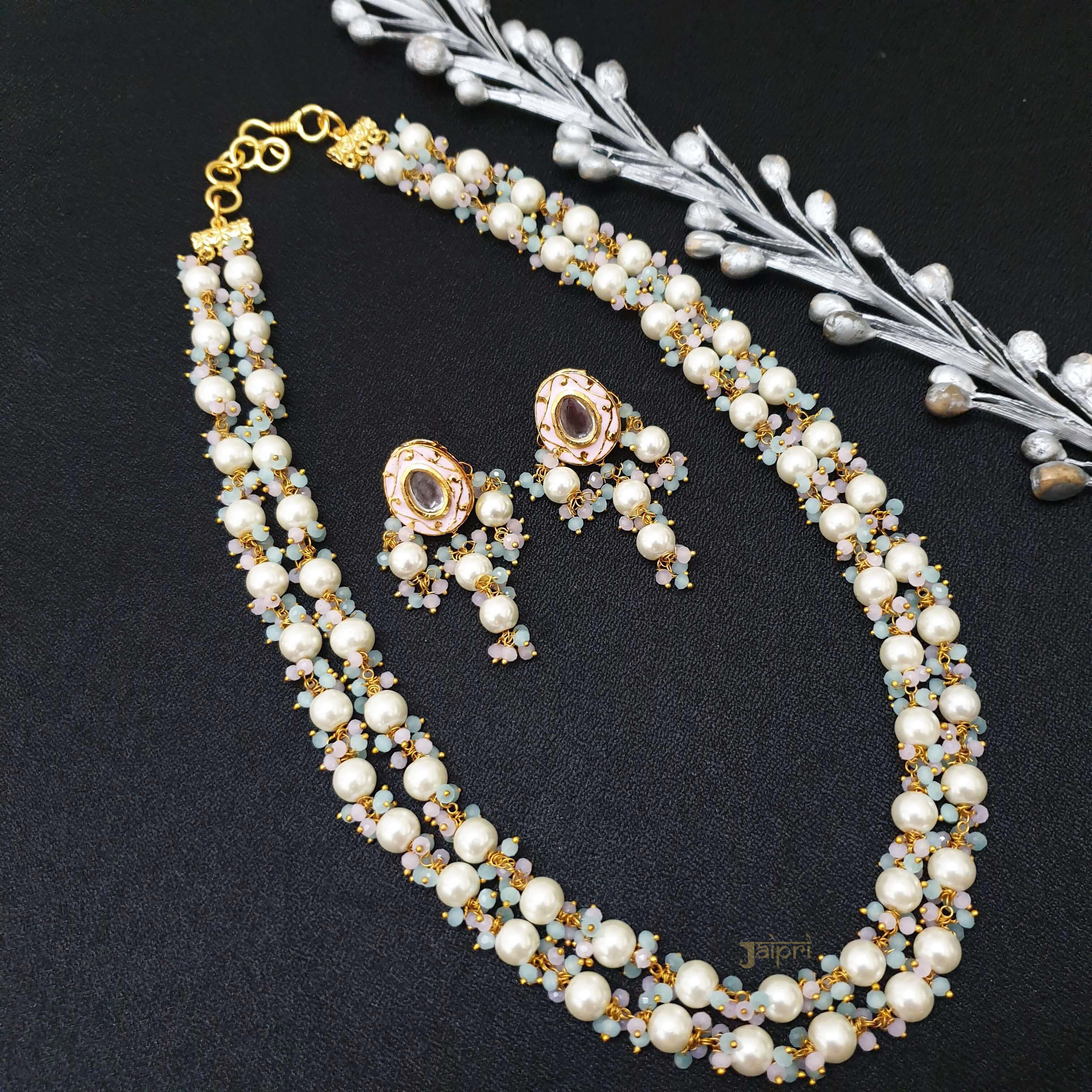Premium Pearl And Turquoise Beads Necklace With Earrings