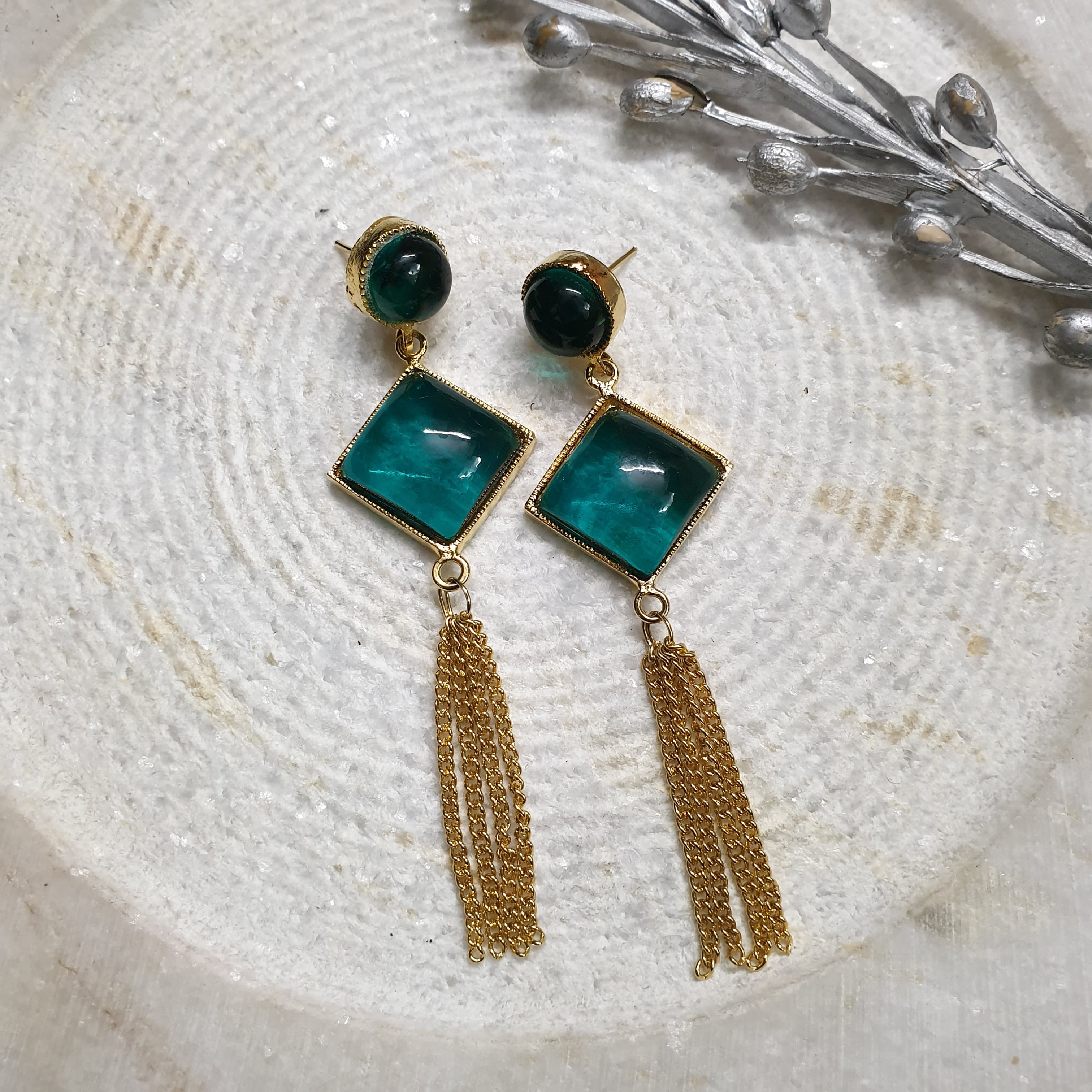 22k Gold Plated Green Long Stone Earrings
