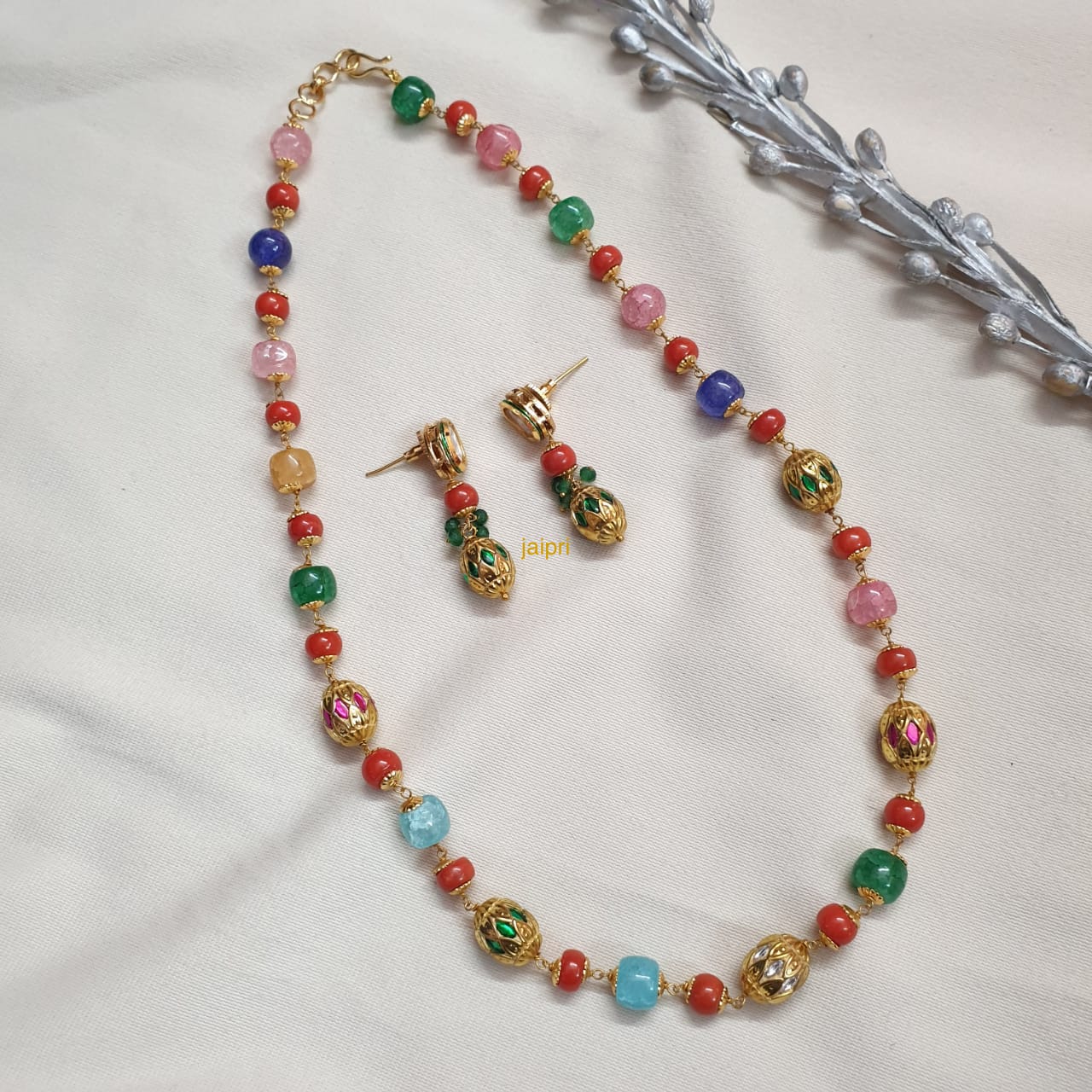 Multicolor Jadau Mala With Earrings