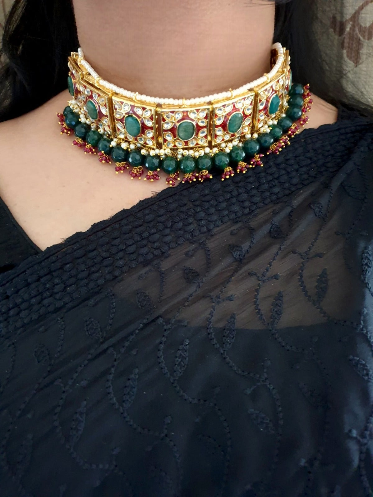 Green Stone Kundan Meenakari Choker Necklace Set