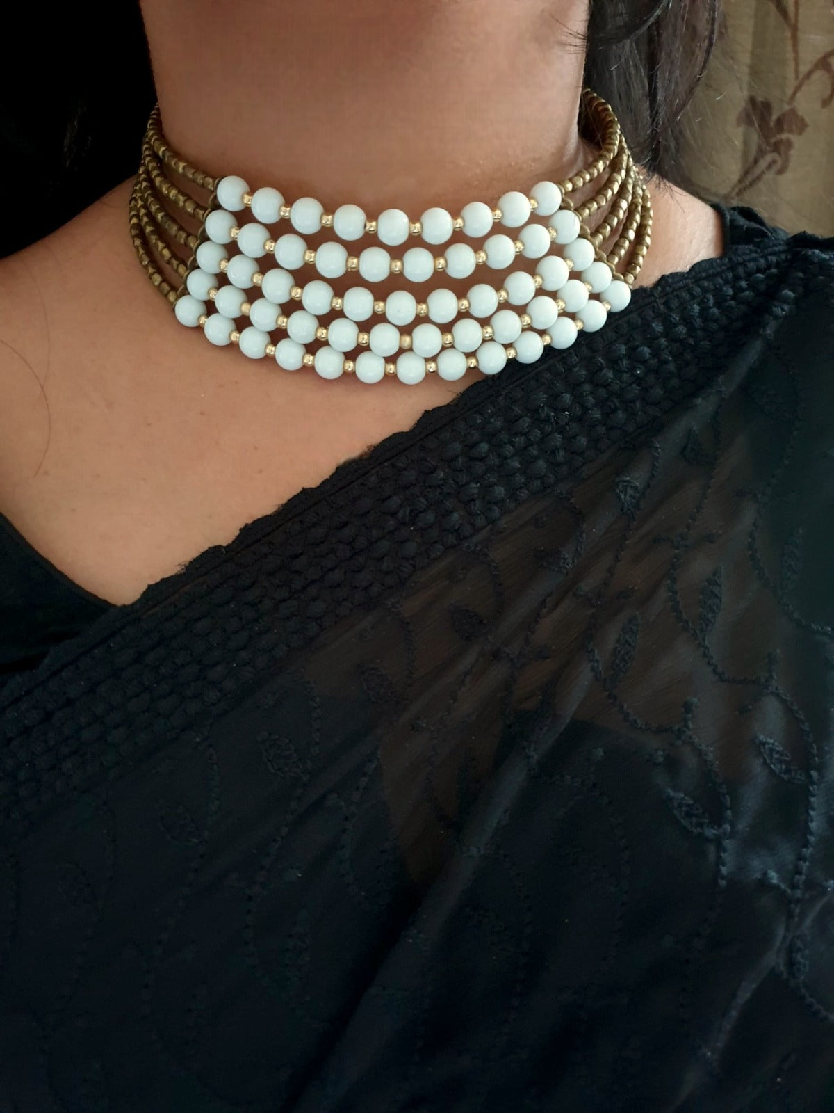 White Beaded Adjustable Choker Necklace