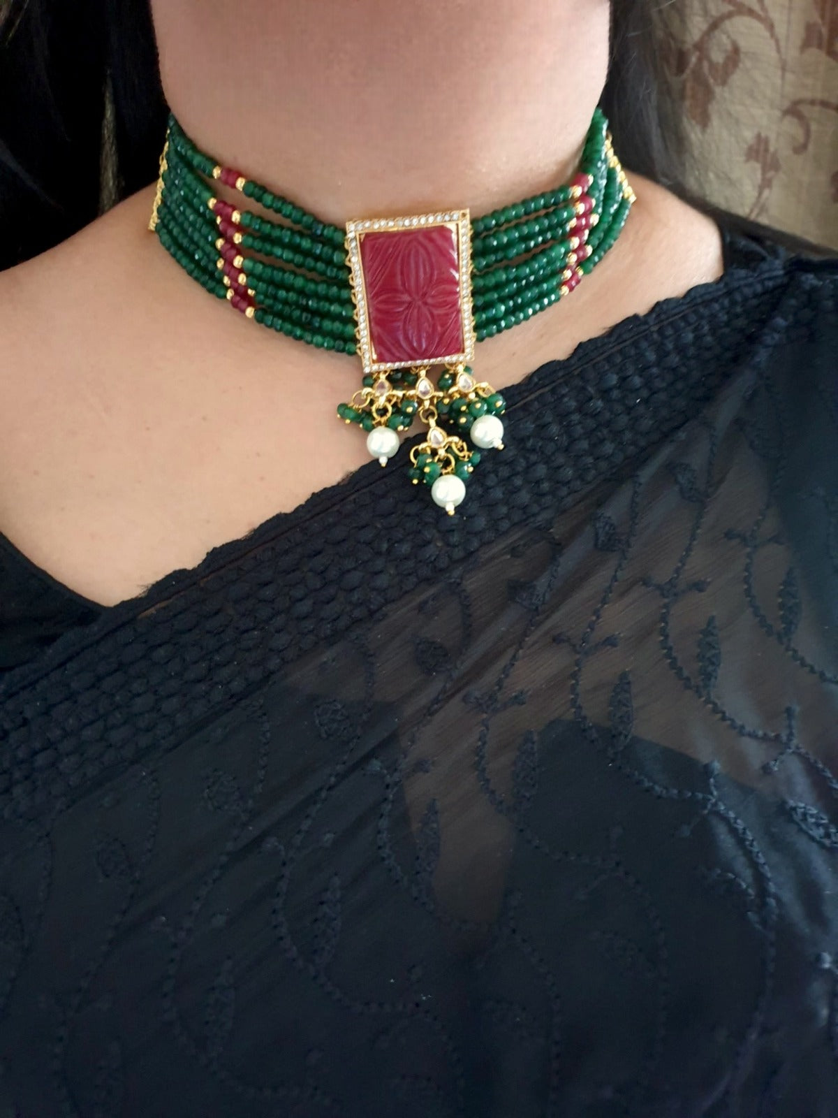 Ruby Carving Stone Choker Necklace Set With Earrings