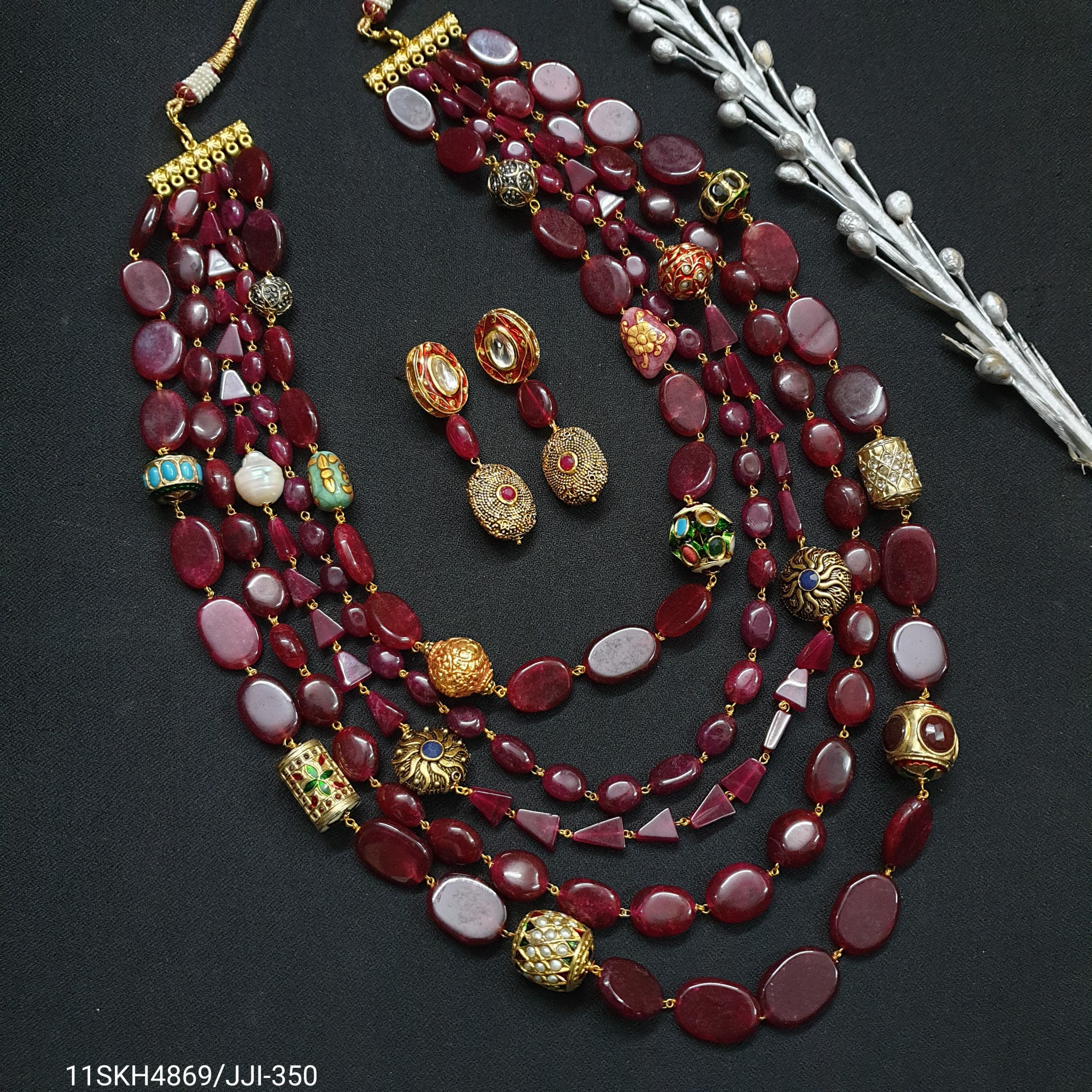 Red Long Necklace Set With Anitique Stone Beads