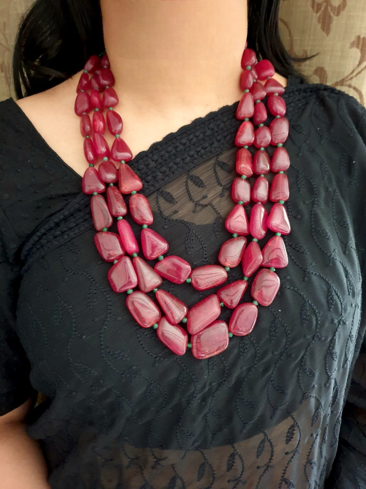 Ruby Unshaped Beaded Long Layered Necklace Set