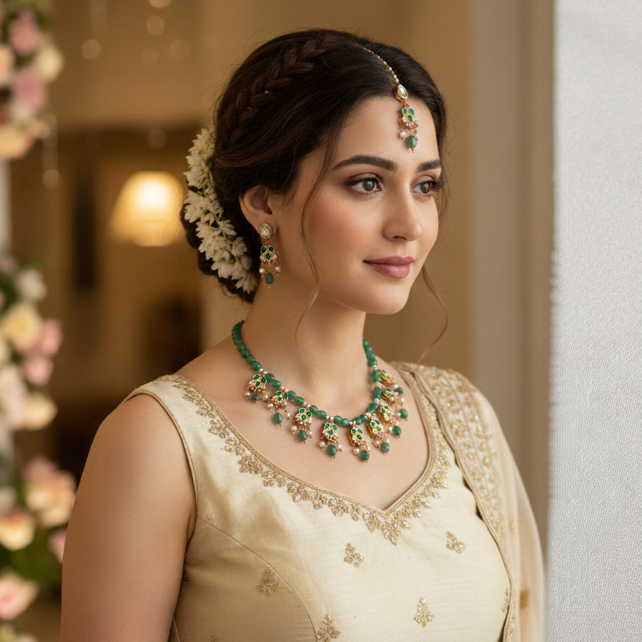 Green Stone Delicate Necklace With Earrings and Maang Tikka