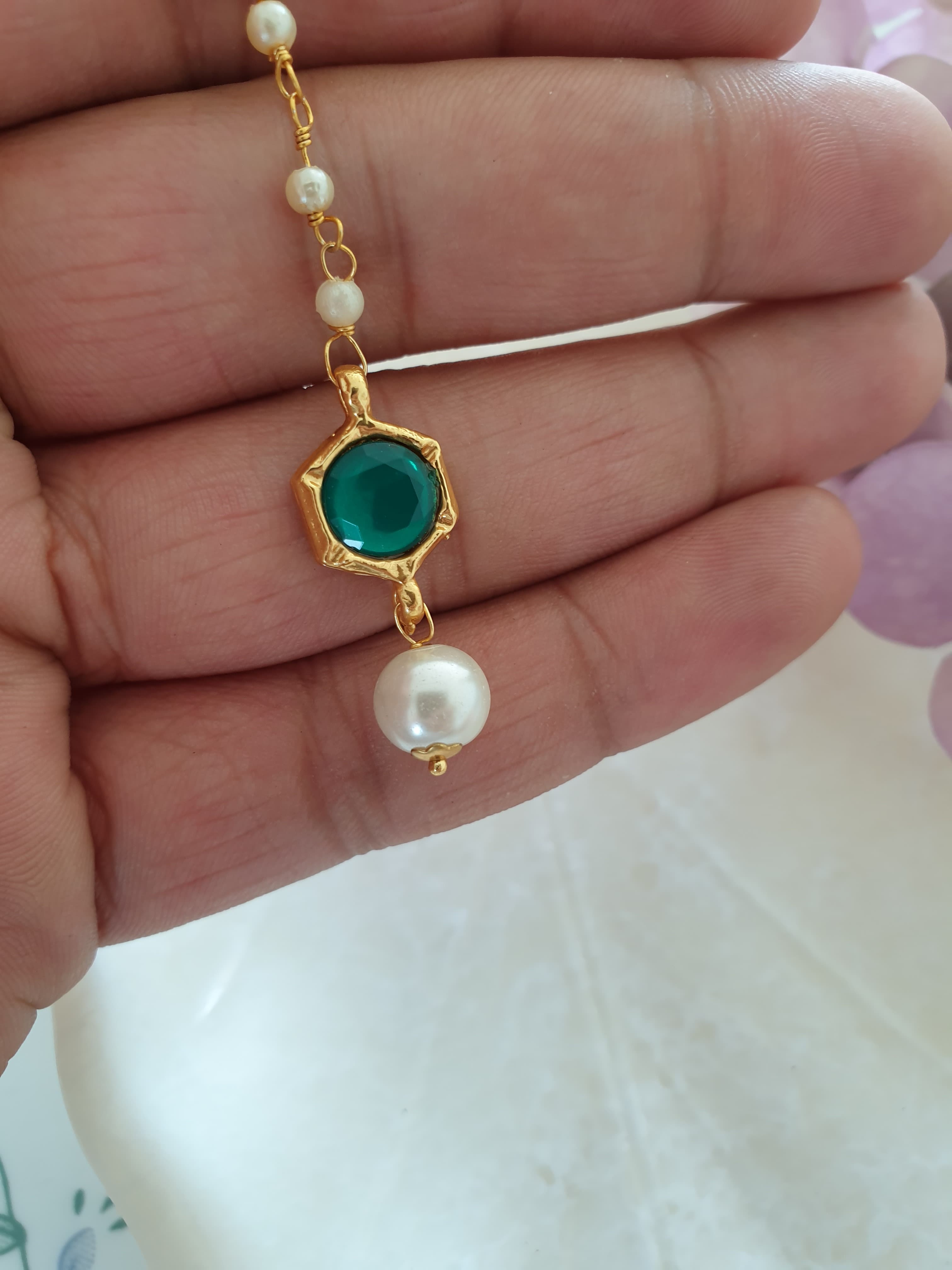 Green Stone Meenakari Pearl Beaded Maang Tikka