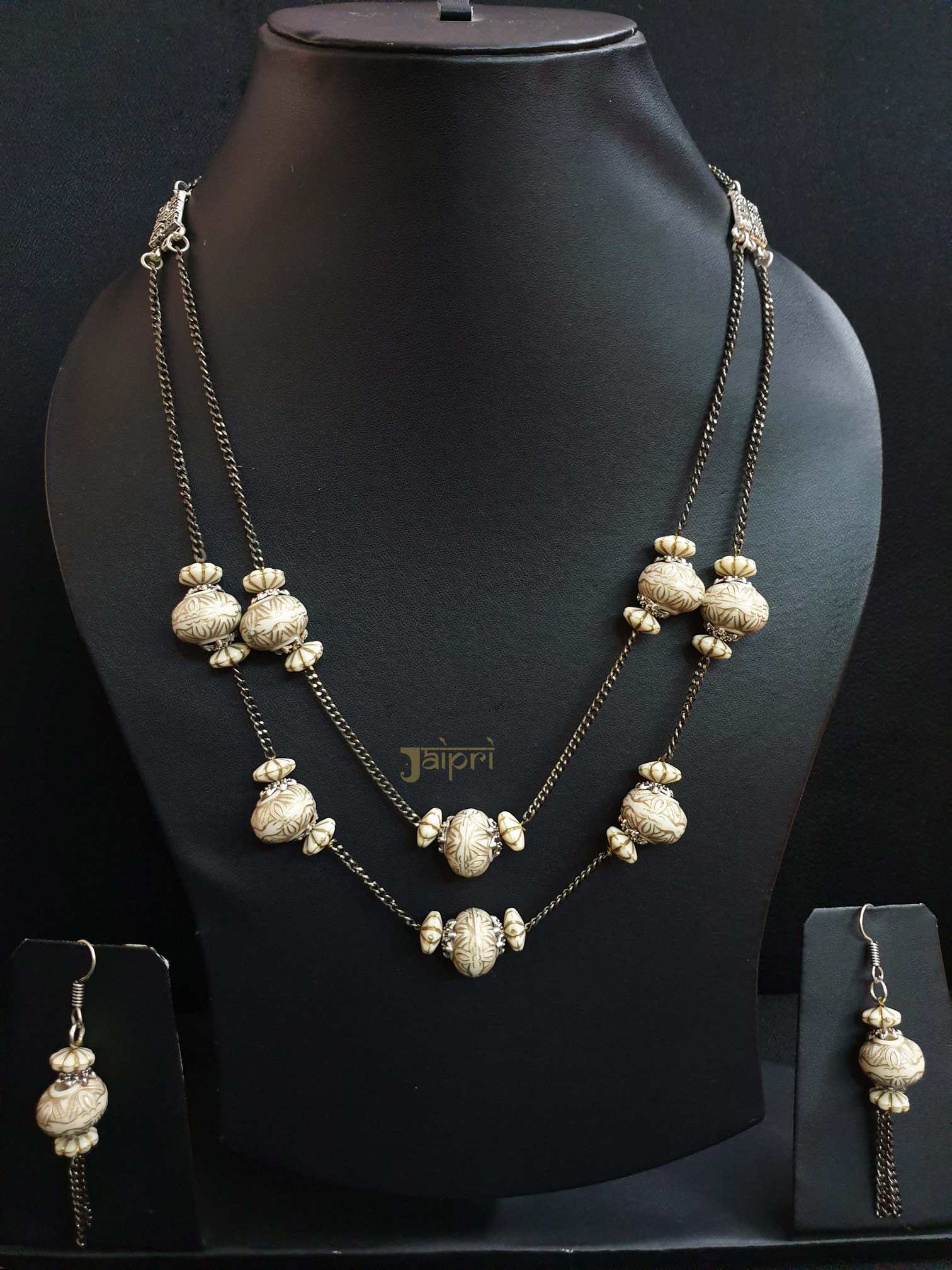 Double Layer Oxidized Beads Necklace With Earrings