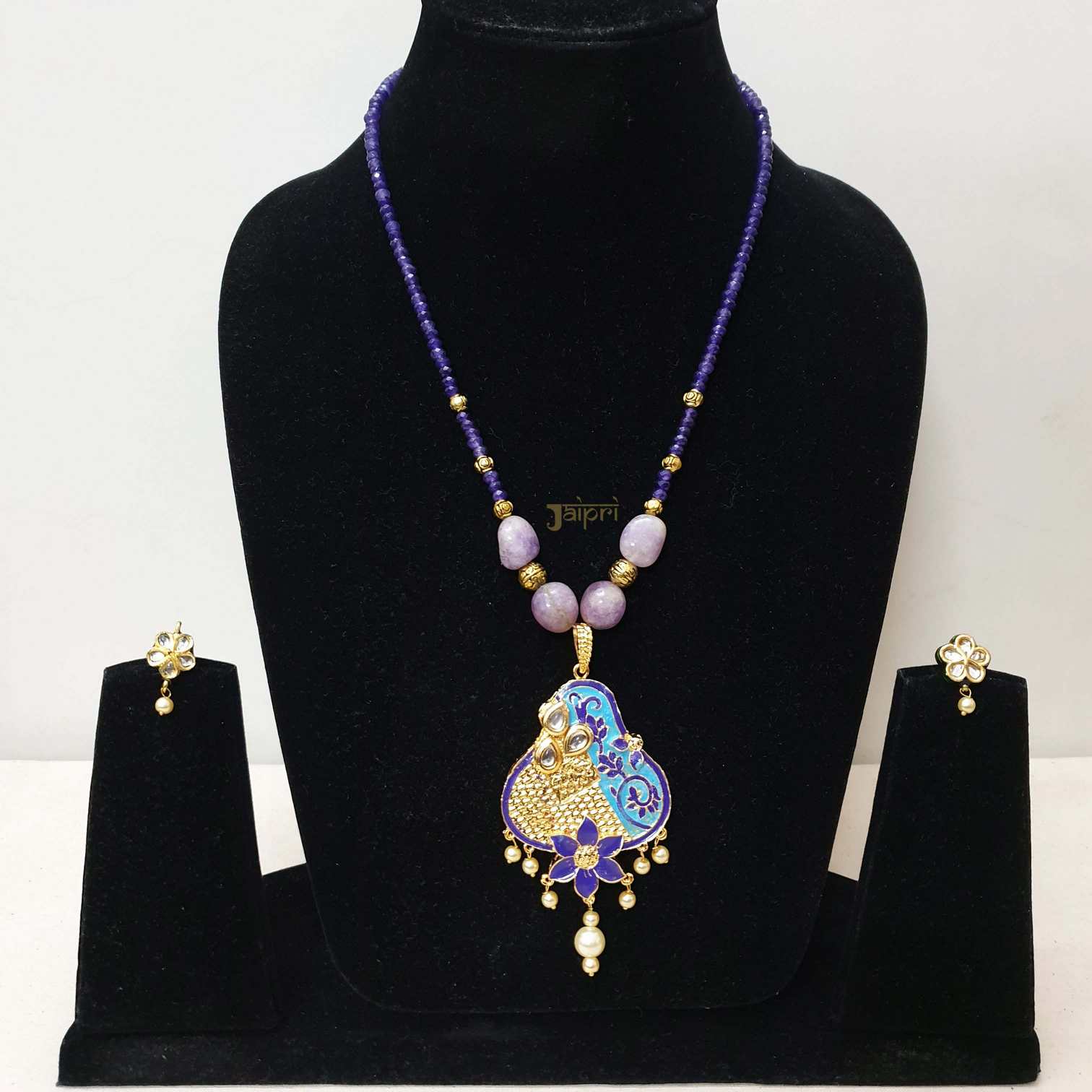 Purple Stone Beads Fusion Pendant With Earrings