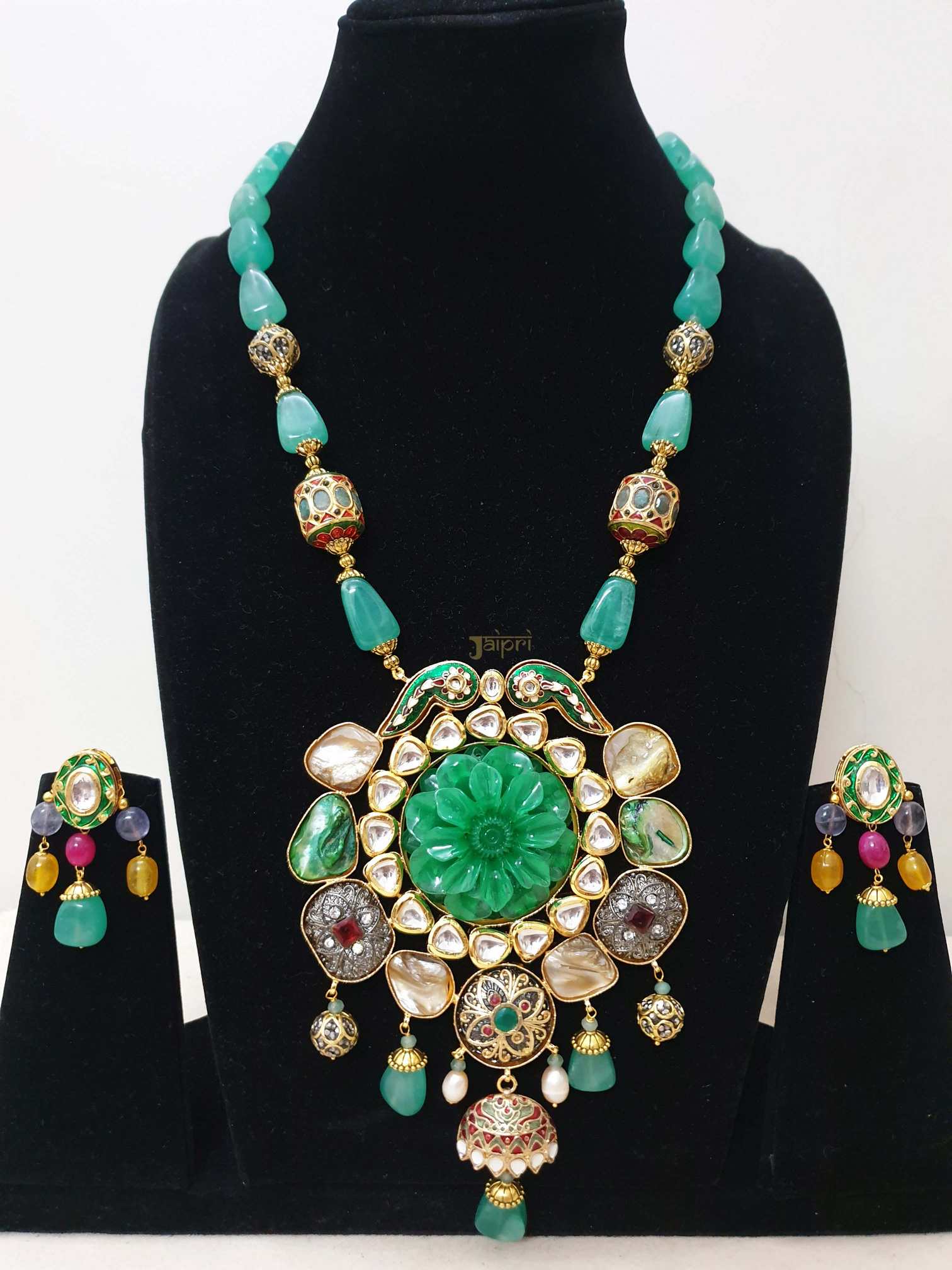 Floral Green Stone Fusion Meenakari Pendant With Earrings