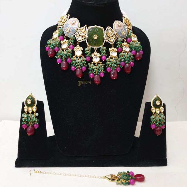 Hot Pink And Green Beaded Traditional Necklace With Earrings And Maang Tikka