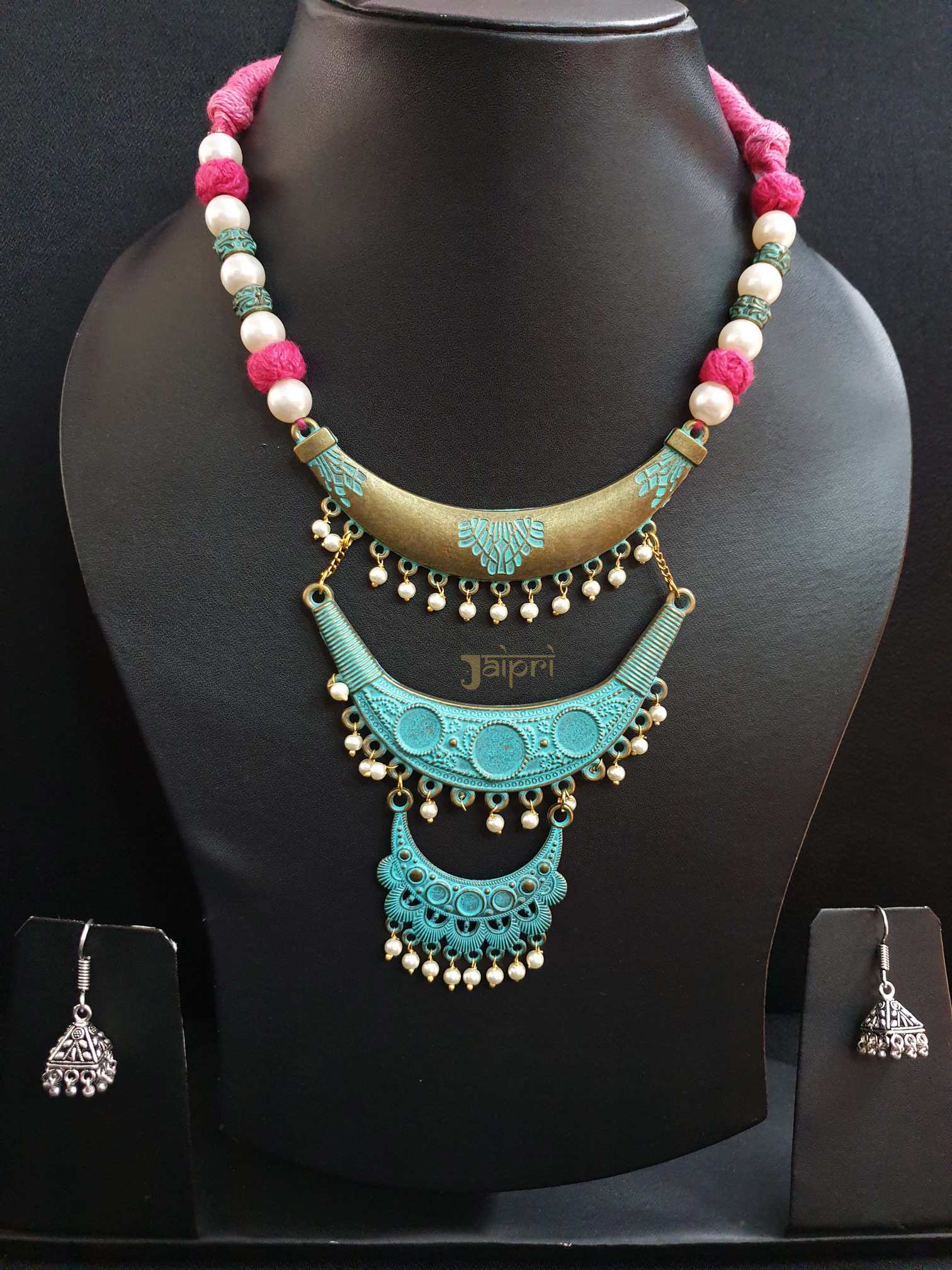 Oxidized Meenakari Work Necklace With Jhumki Earrings