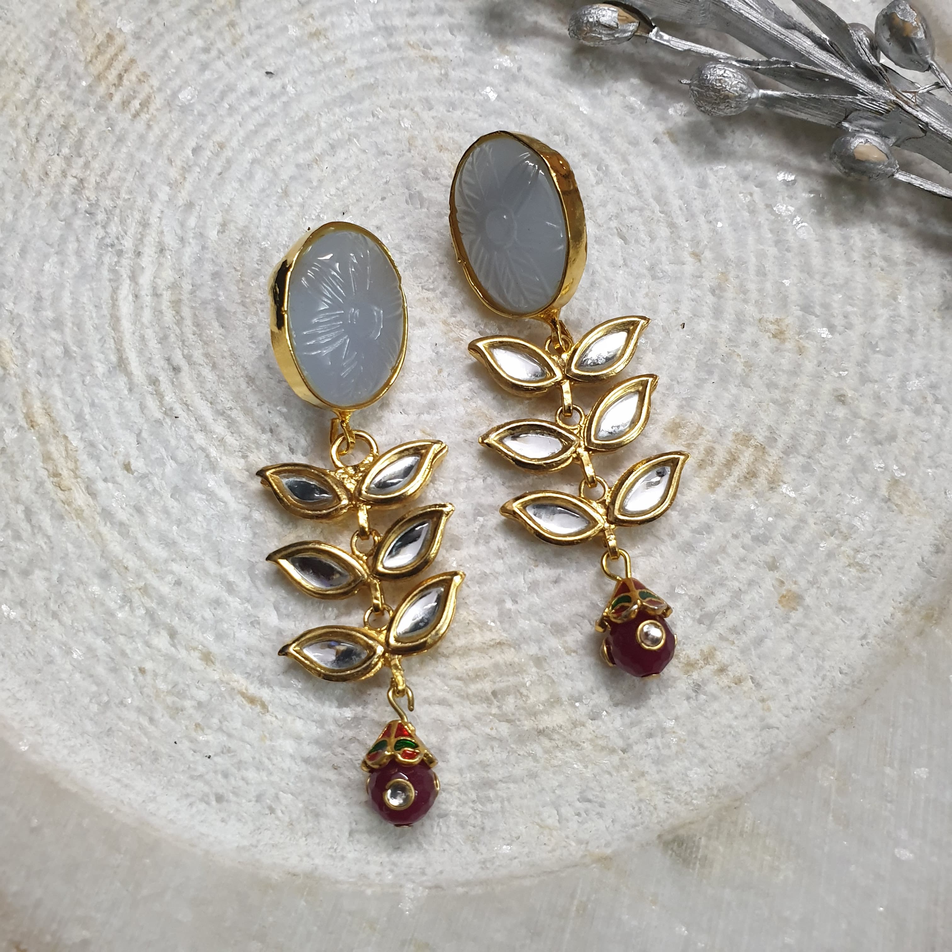 22k Gold Plated Engraved Stone Kundan Earrings