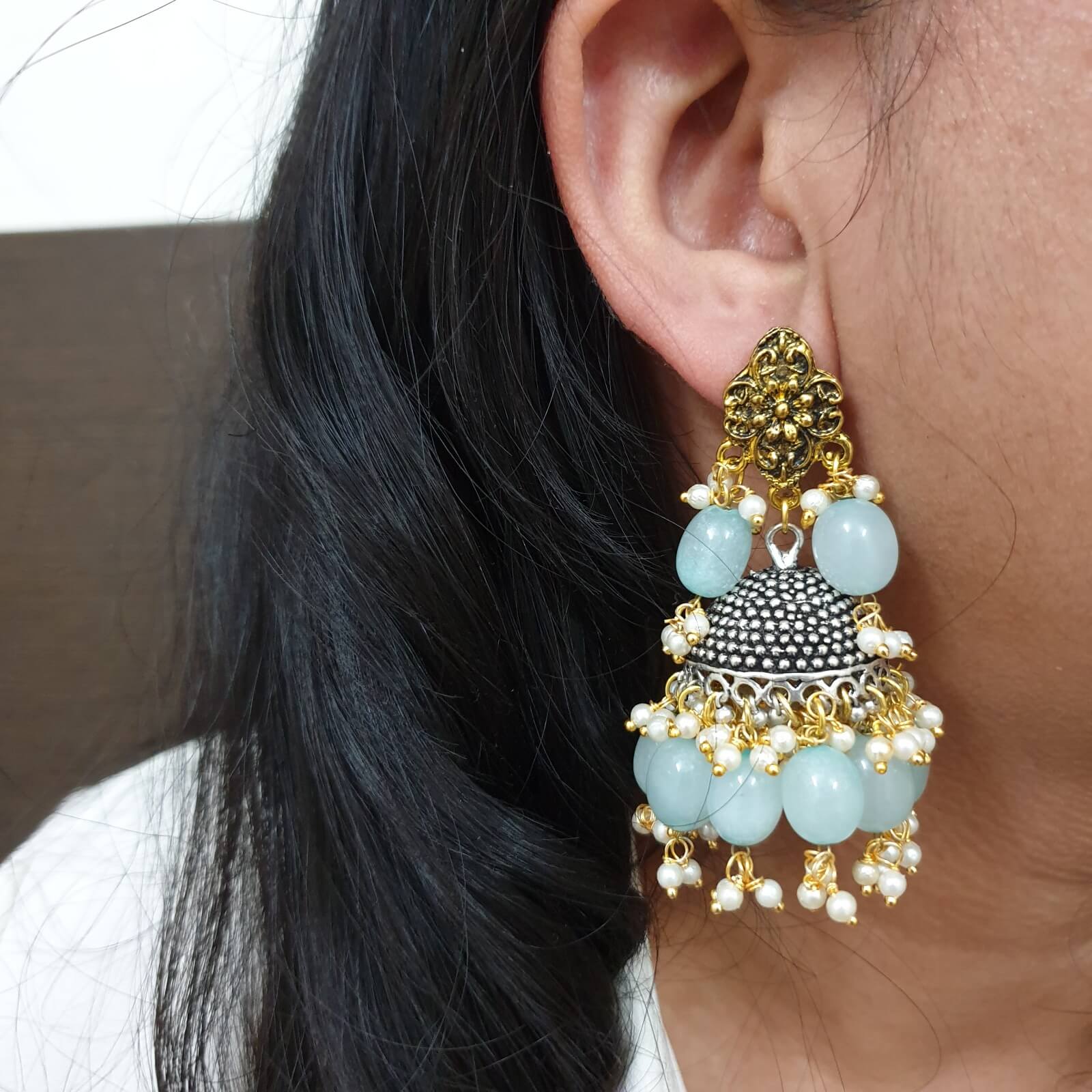 Floral Design & Turquoise Stone Stud Jhumki