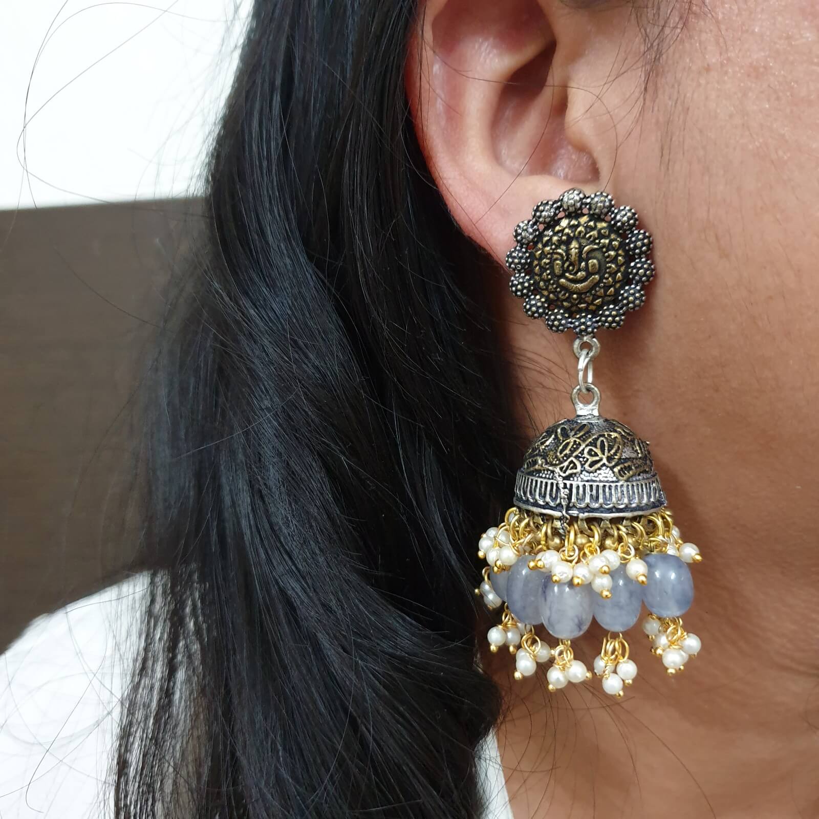 Dual Tone Oxidised Silver Grey Stone Jhumki Earrings