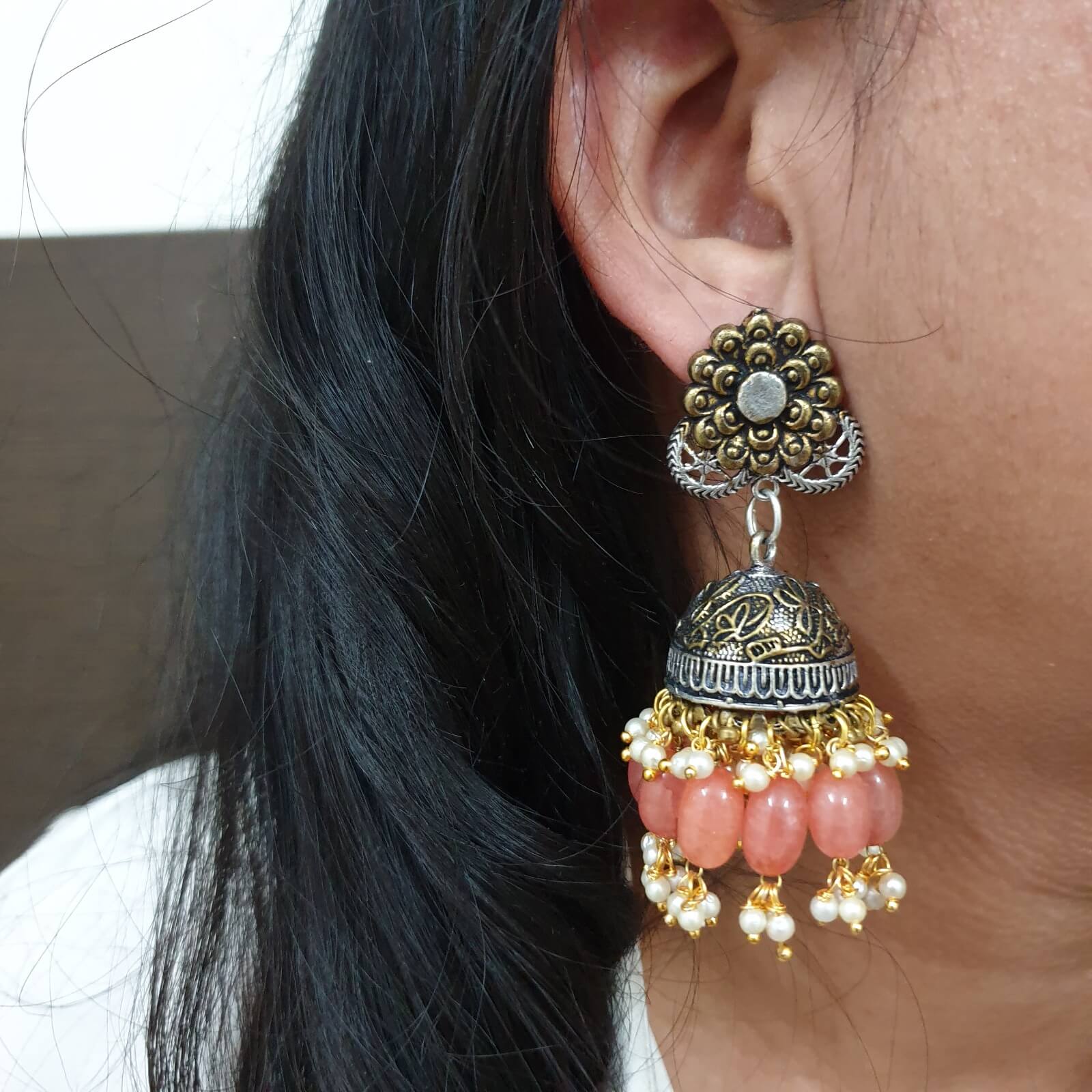 Floral Design Peach Stone Dual Tone Oxidised Jhumki