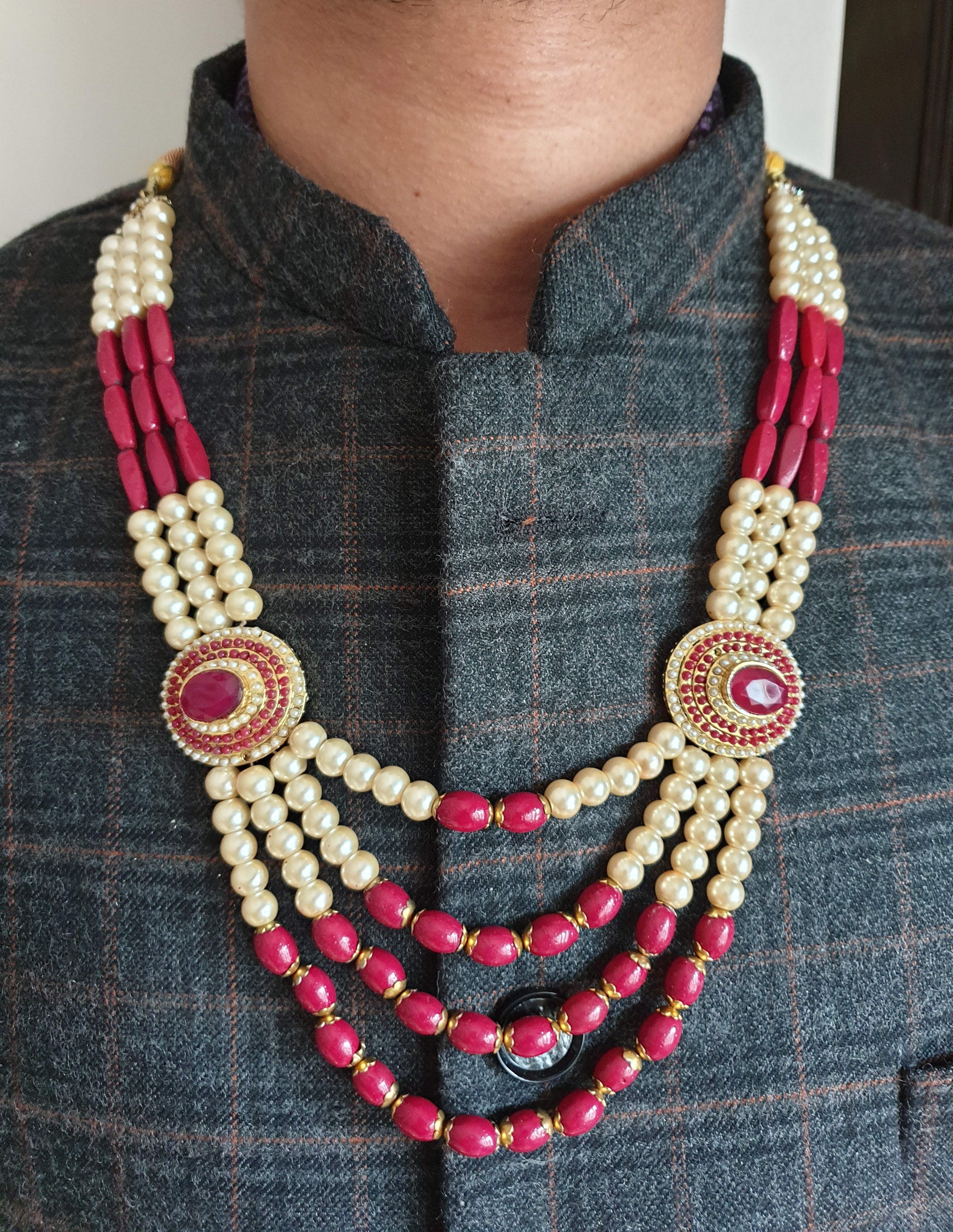 Five Layered Blue And Pearl Combo Groom Necklace