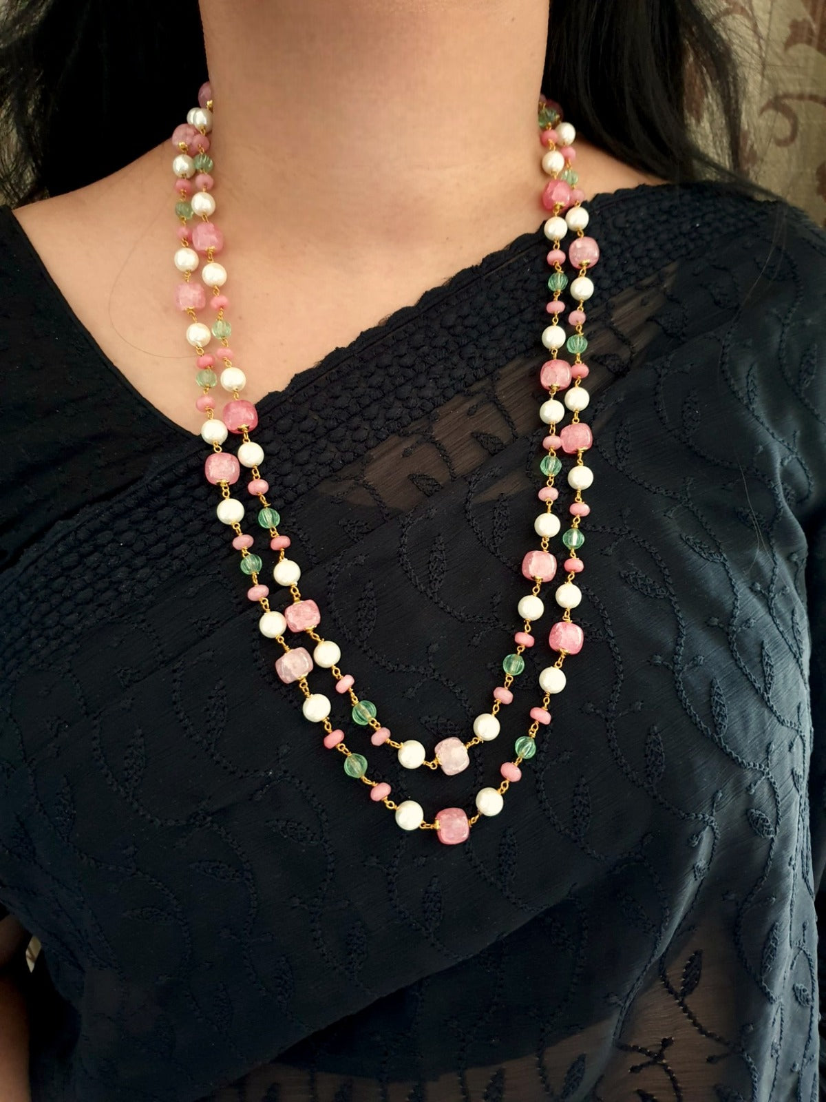 Pink Stone Double Layered Beads Pearl Long Mala
