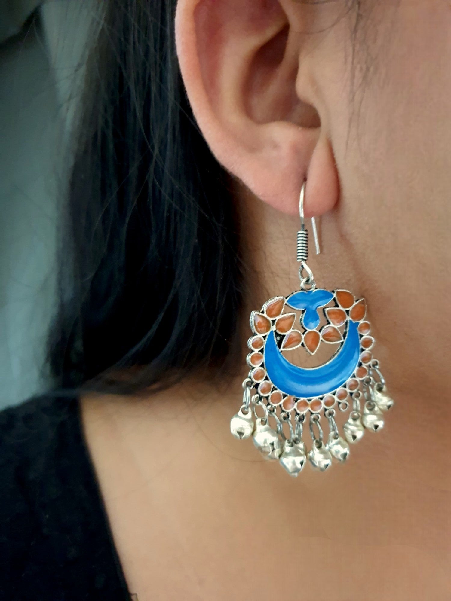 Blue Orange Afghani Oxidised Silver Earrings