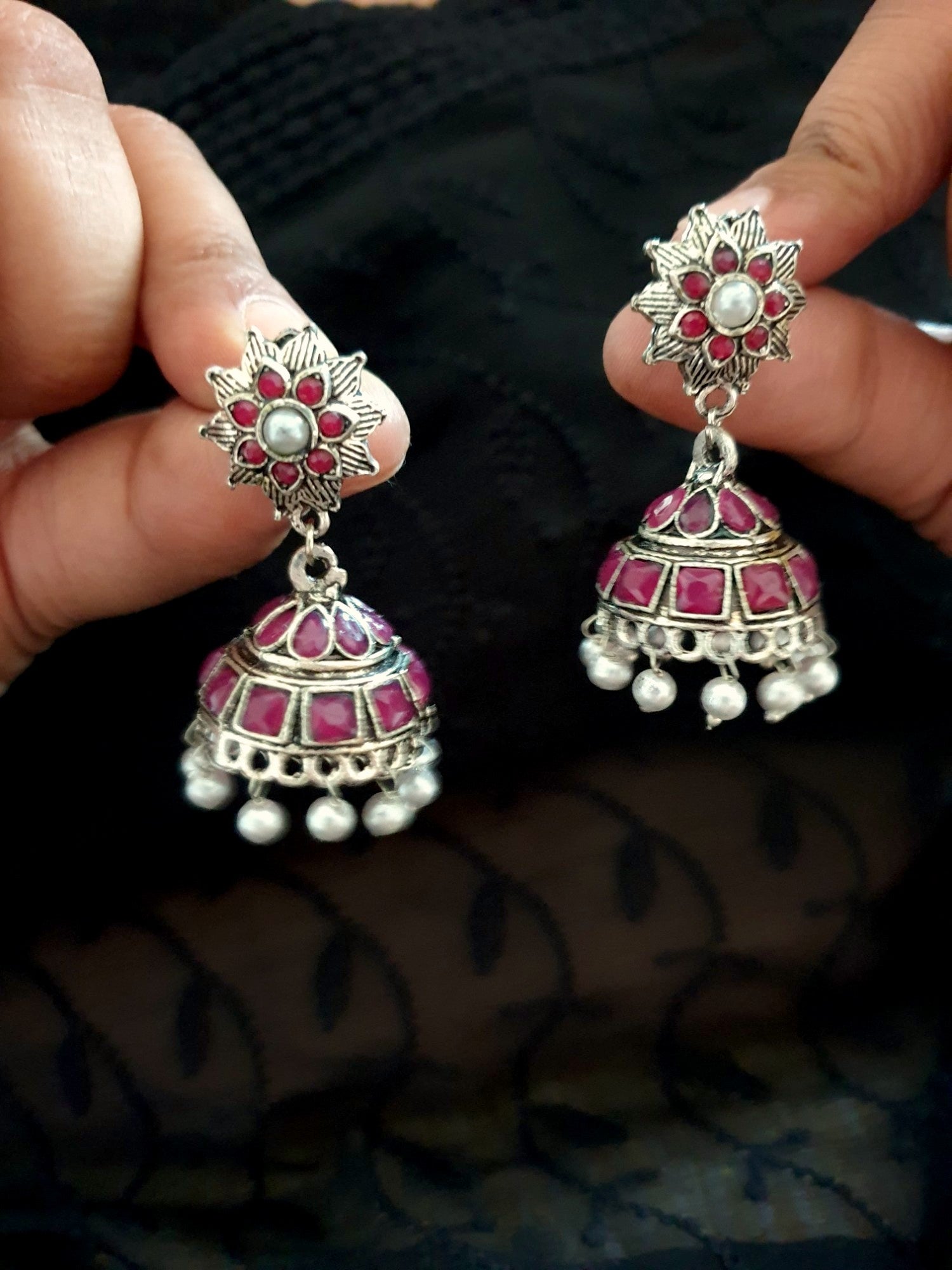 Magenta Oxidised Silver Jhumki Earrings