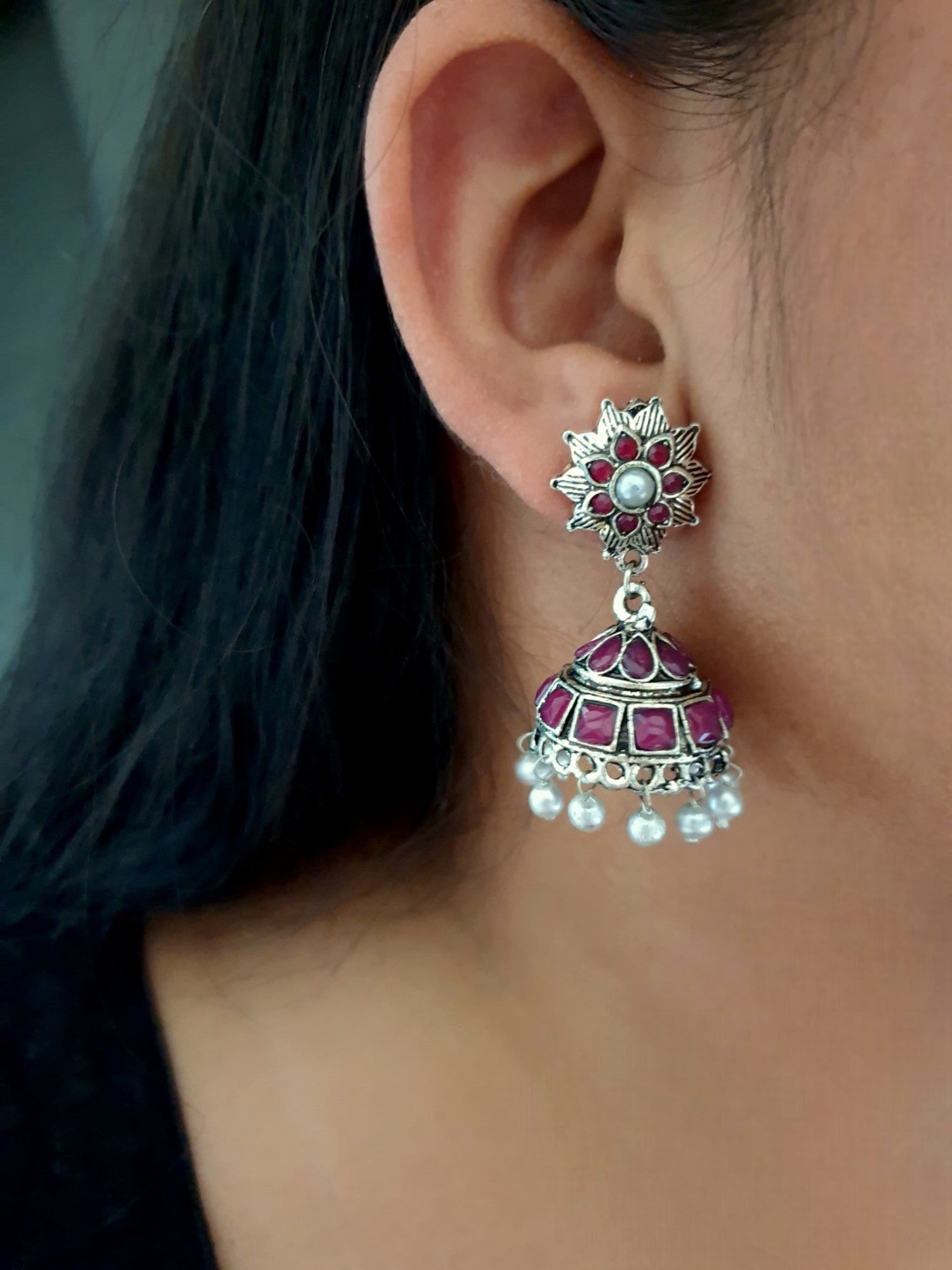 Magenta Stone Oxidised Silver Jhumki Earrings