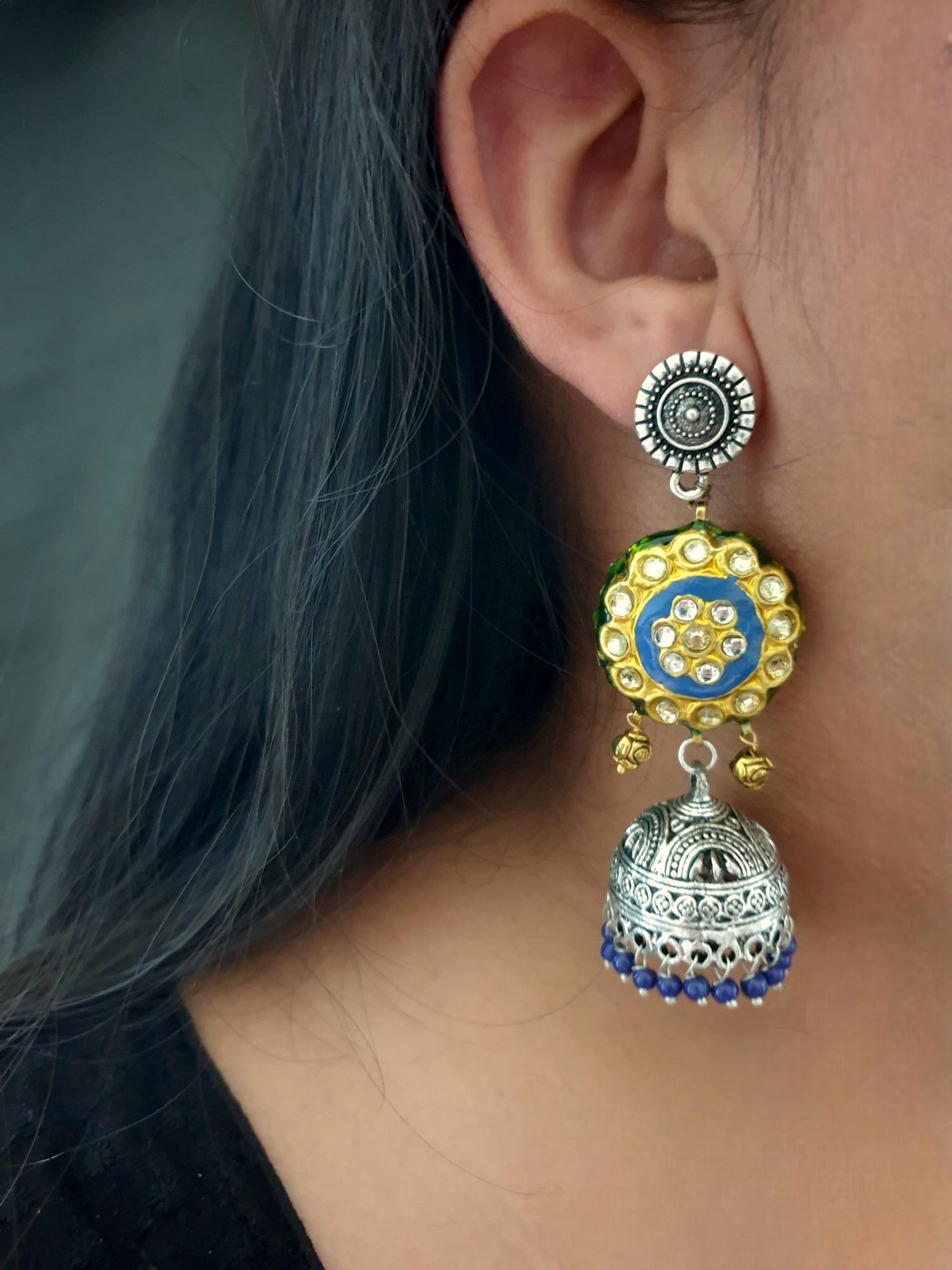 Oxidised Silver Blue Meenakari Jhumki Earrings