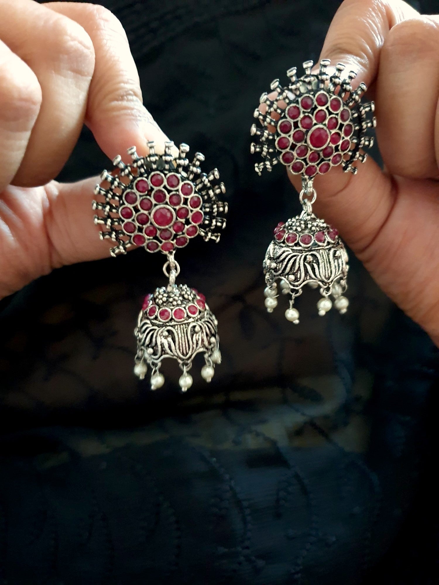 Red Stone Oxidised Silver Earrings