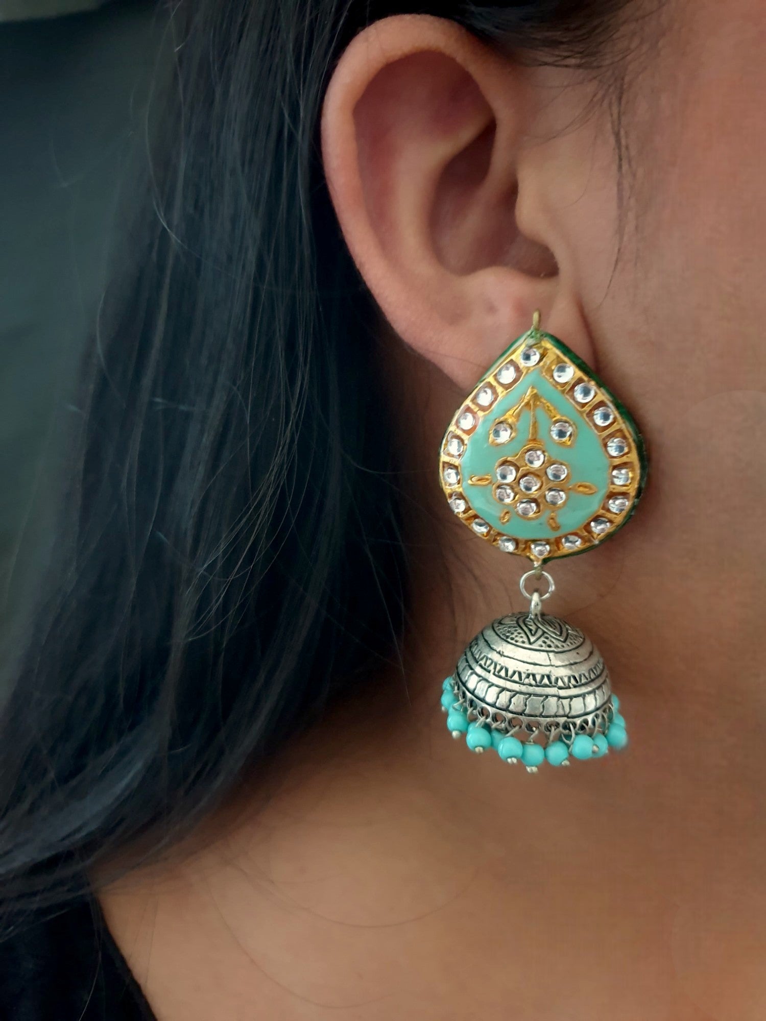 Turquoise Tear-Drop Design Kundan & Meenakari Jhumki Earrings