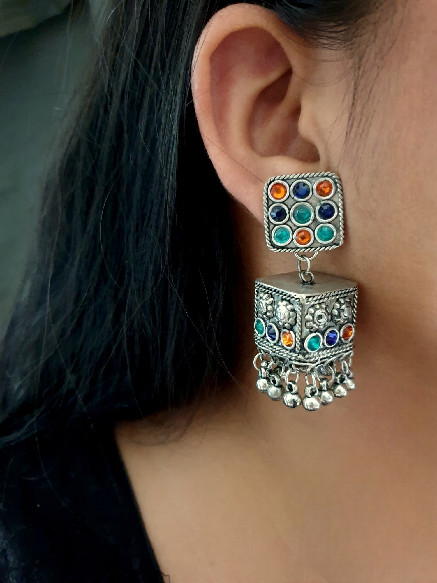 Multi Stone Oxidised Silver Jhumki Earrings