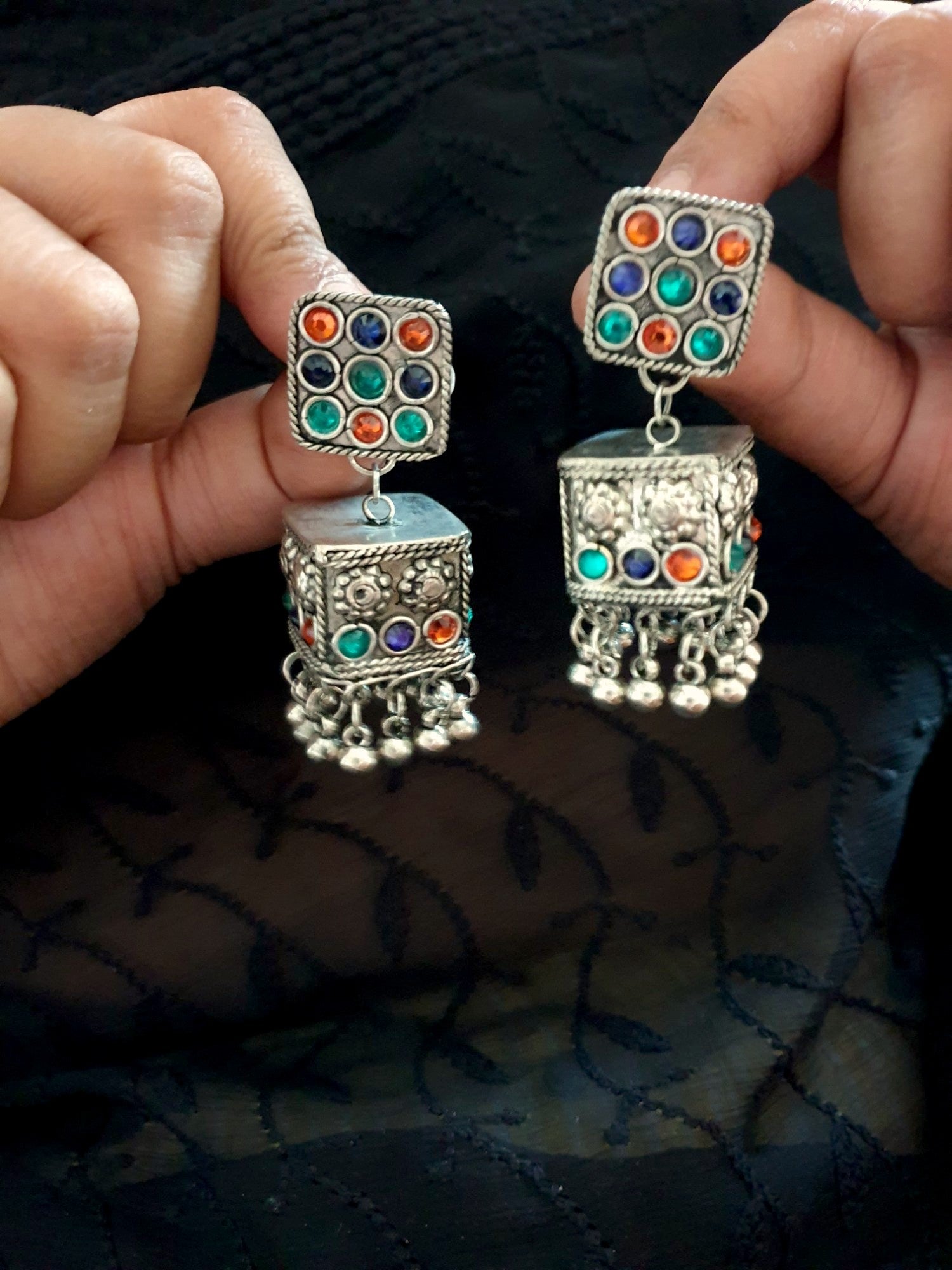 Multi Stone Oxidised Silver Jhumki Earrings