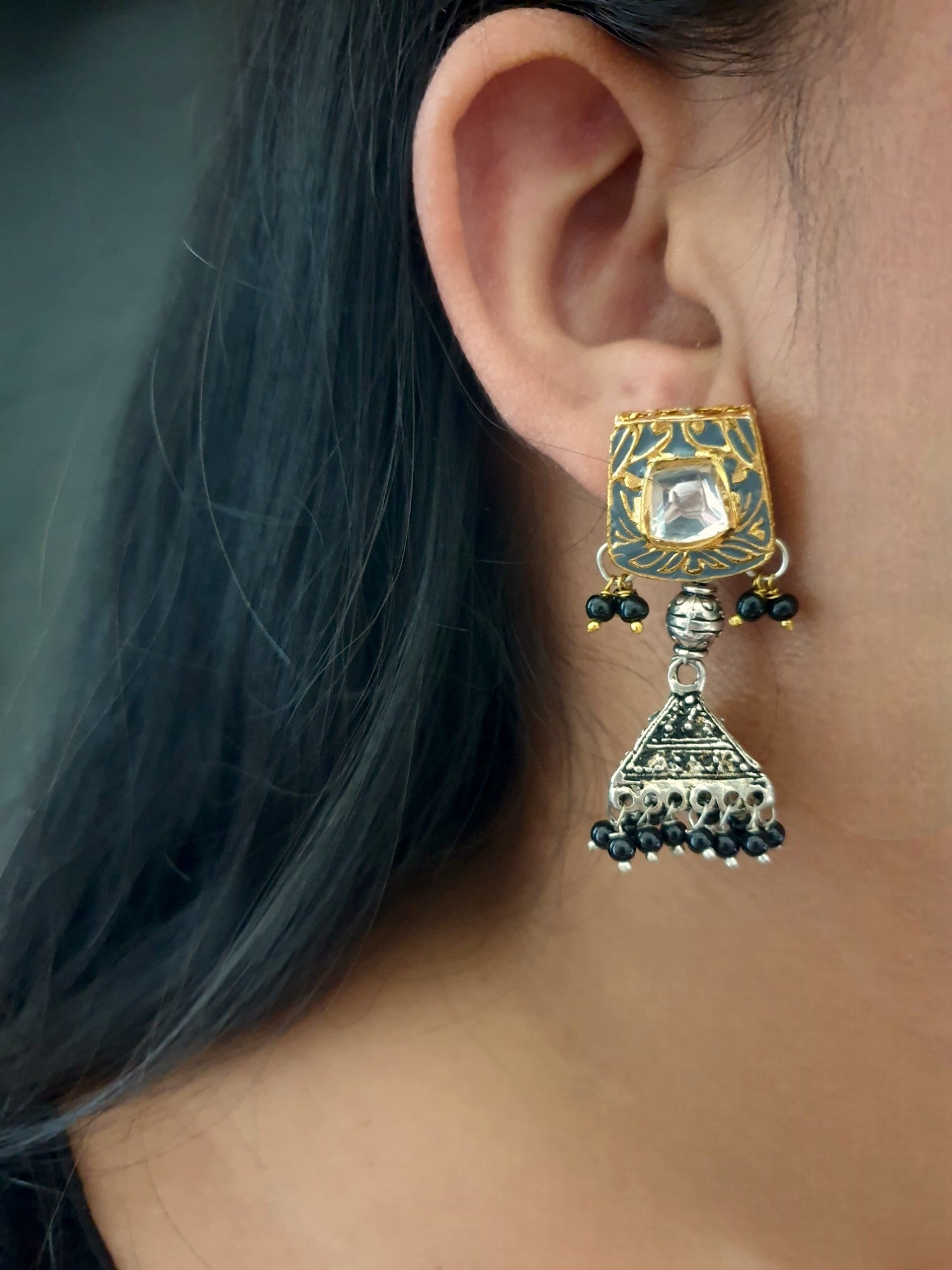 Adorable Grey Kundan & Meenakari Jhumki Earrings