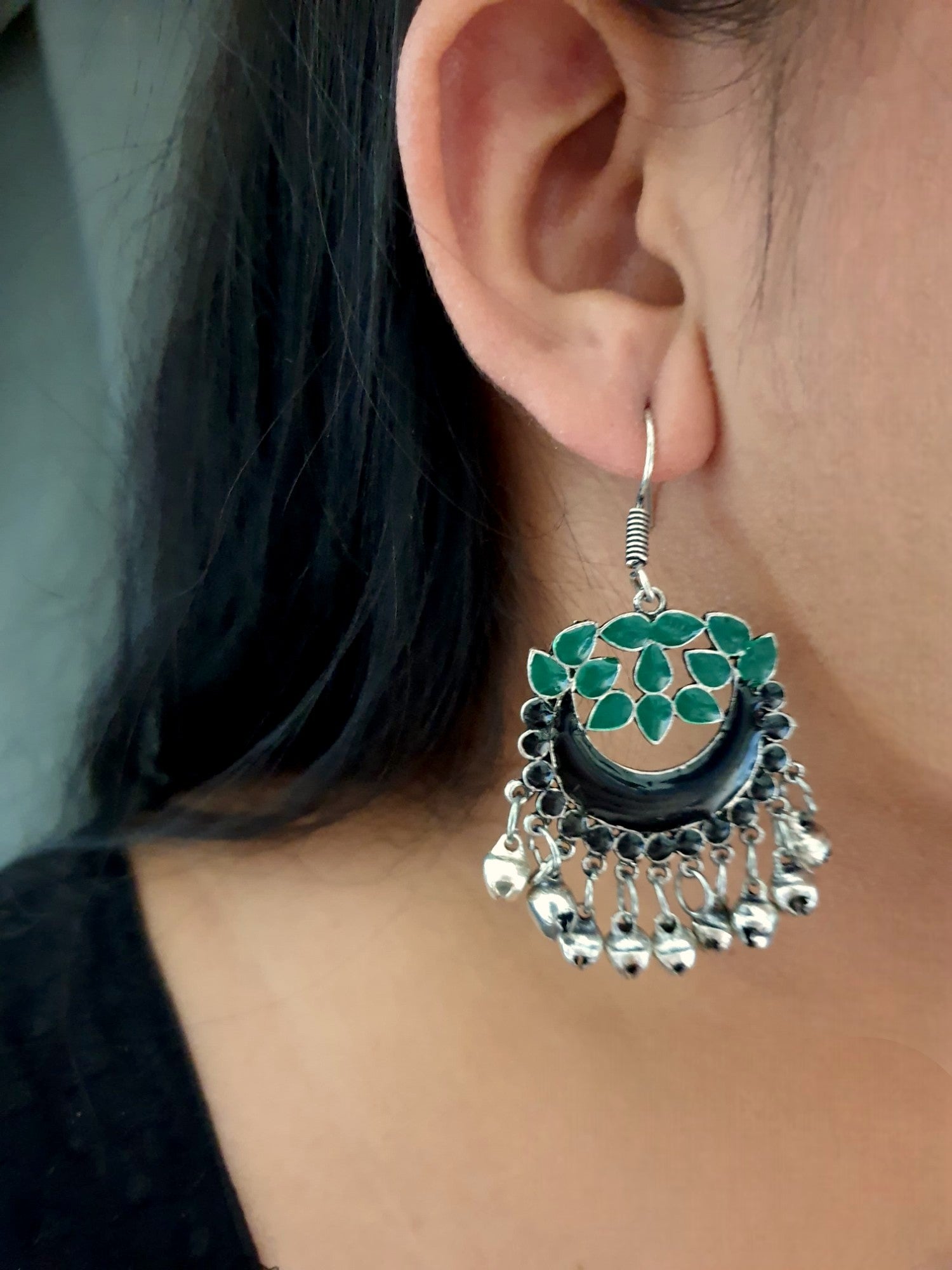 Green Black Afghani Chandbali Silver Earrings