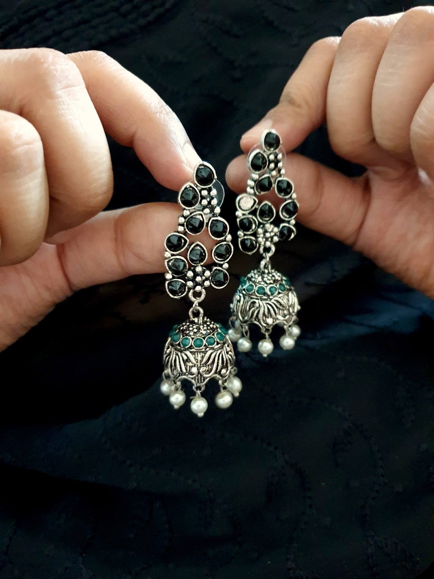 Black and Green Stone Oxidised Silver Earrings